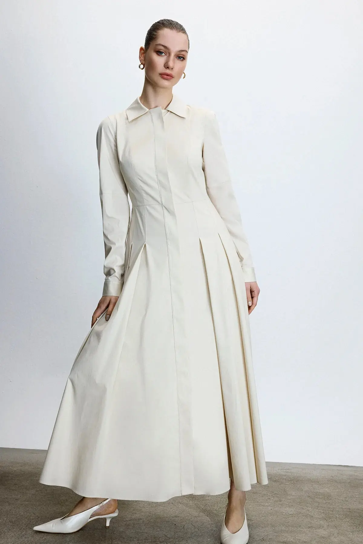 Belted Shirt-Collar Midi Dress – Ecru, photo 3