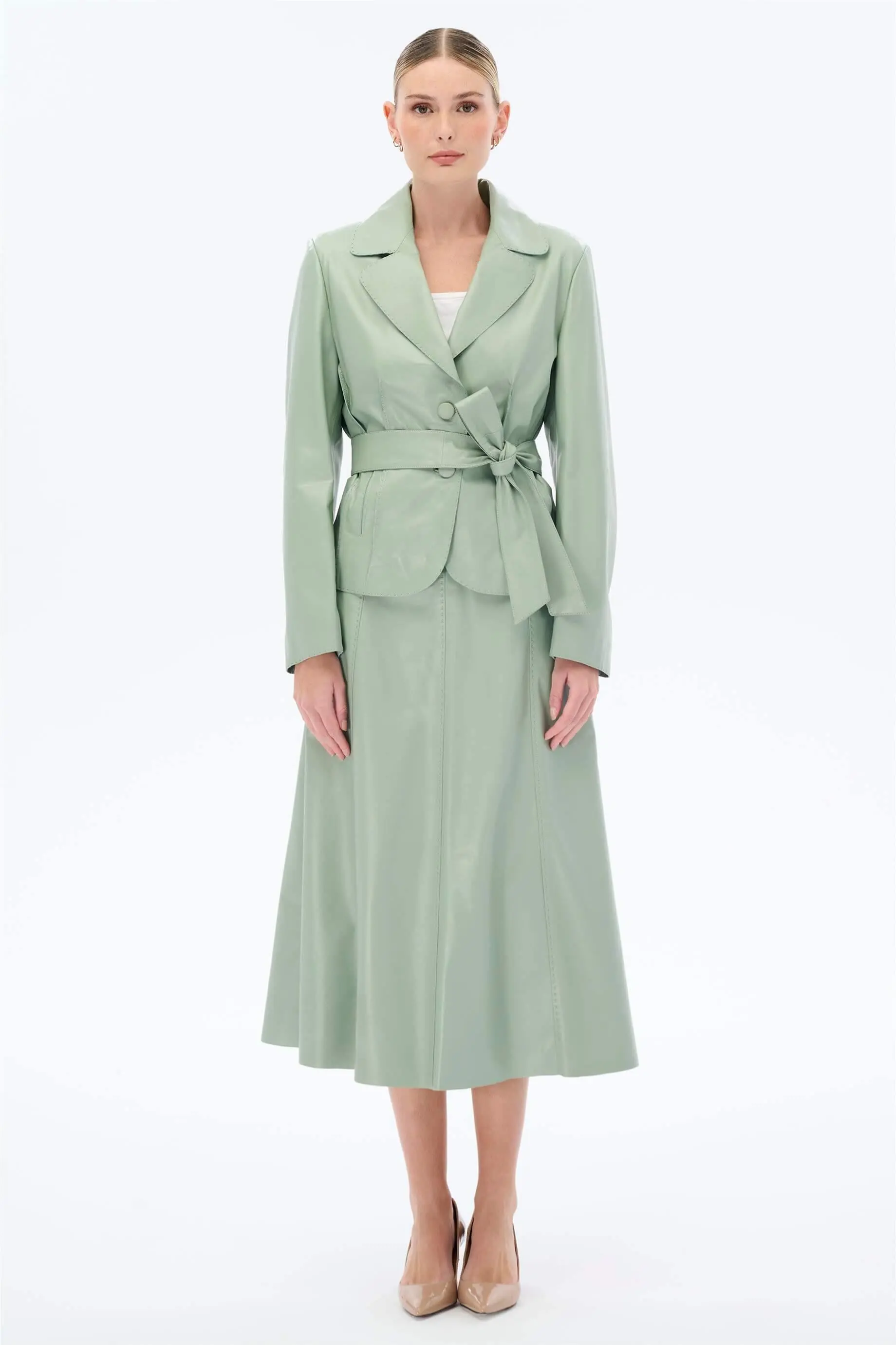 Leather Jacket & Midi Skirt Set Mint