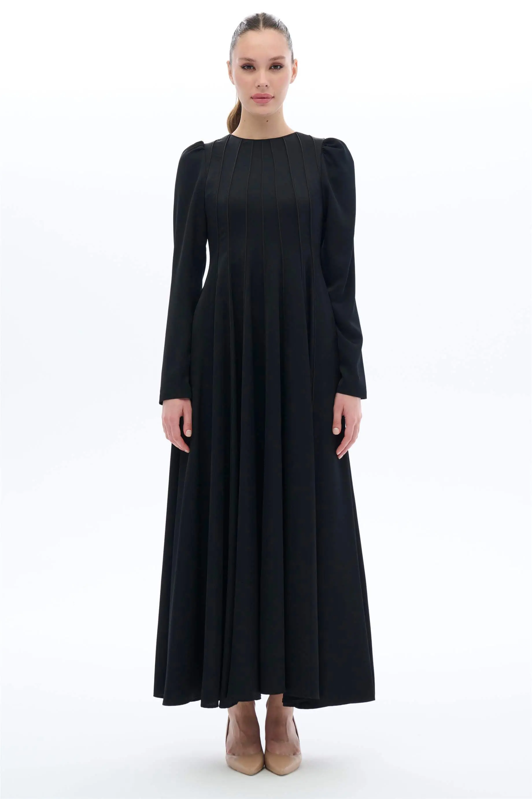 Satin-Trim Jacquard Panel Dress – Black