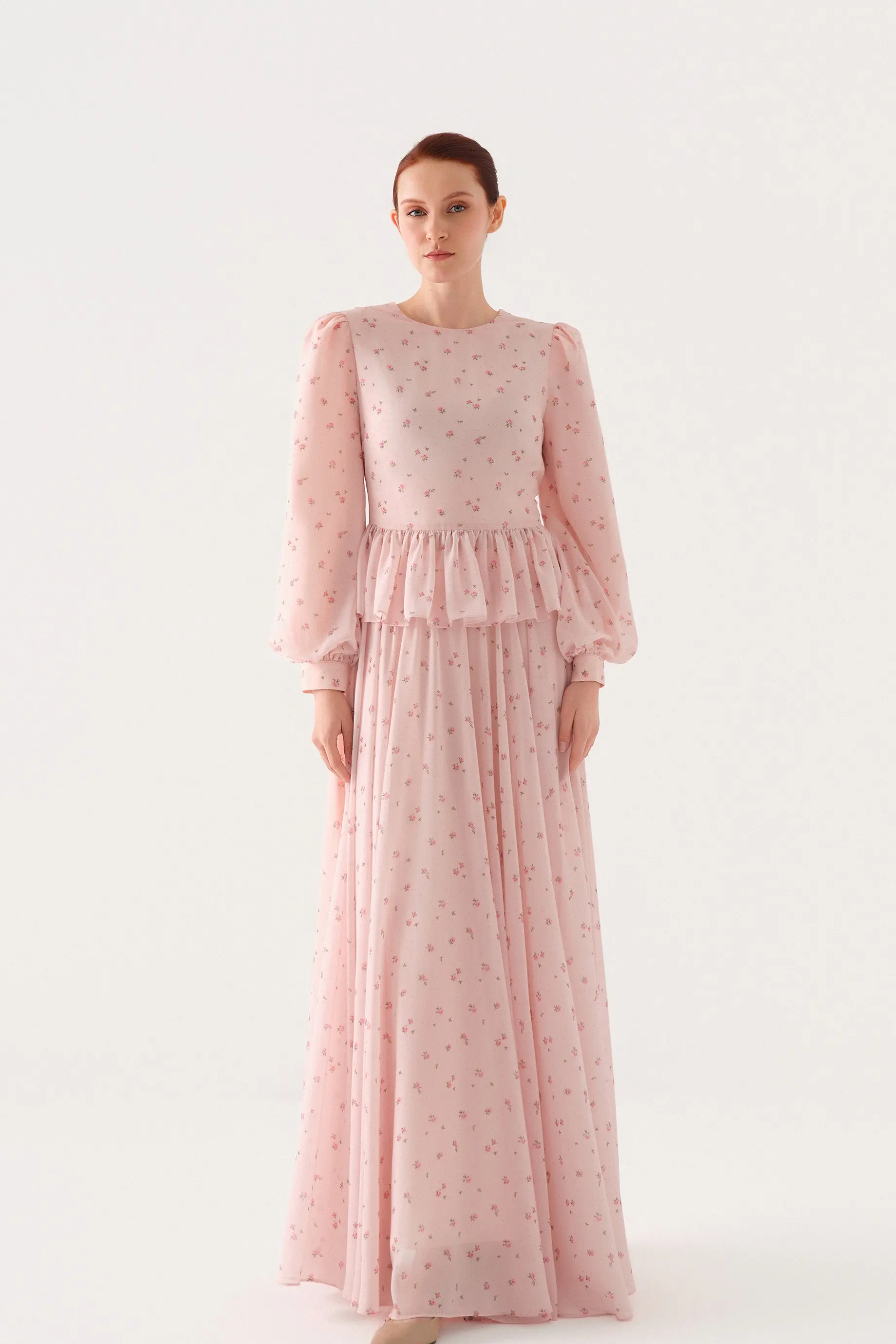 Small-Floral Print Chiffon Blouse and Maxi Skirt Set – Pink