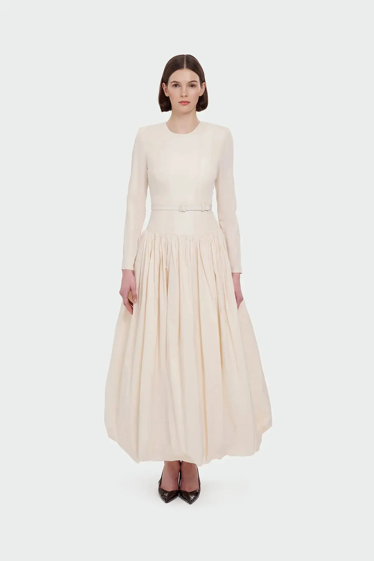 Long-Sleeved Evening Dress with Belt Detail - Cream