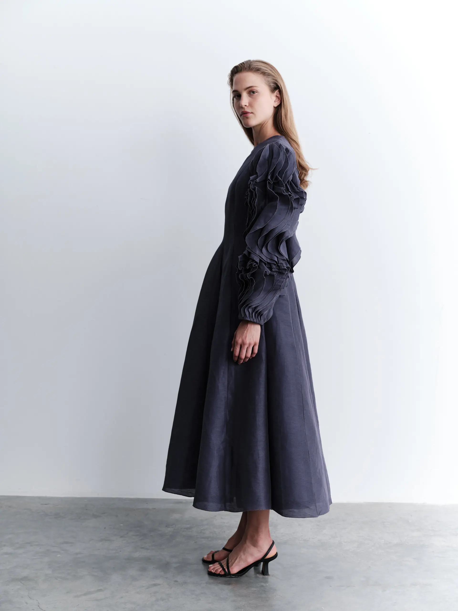Silk-Linen Dress with Sculptural Ruffle Sleeves - Indigo, photo 3