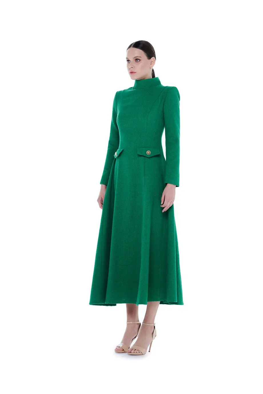 High-Neck Flounced Long Dress - Green, photo 3