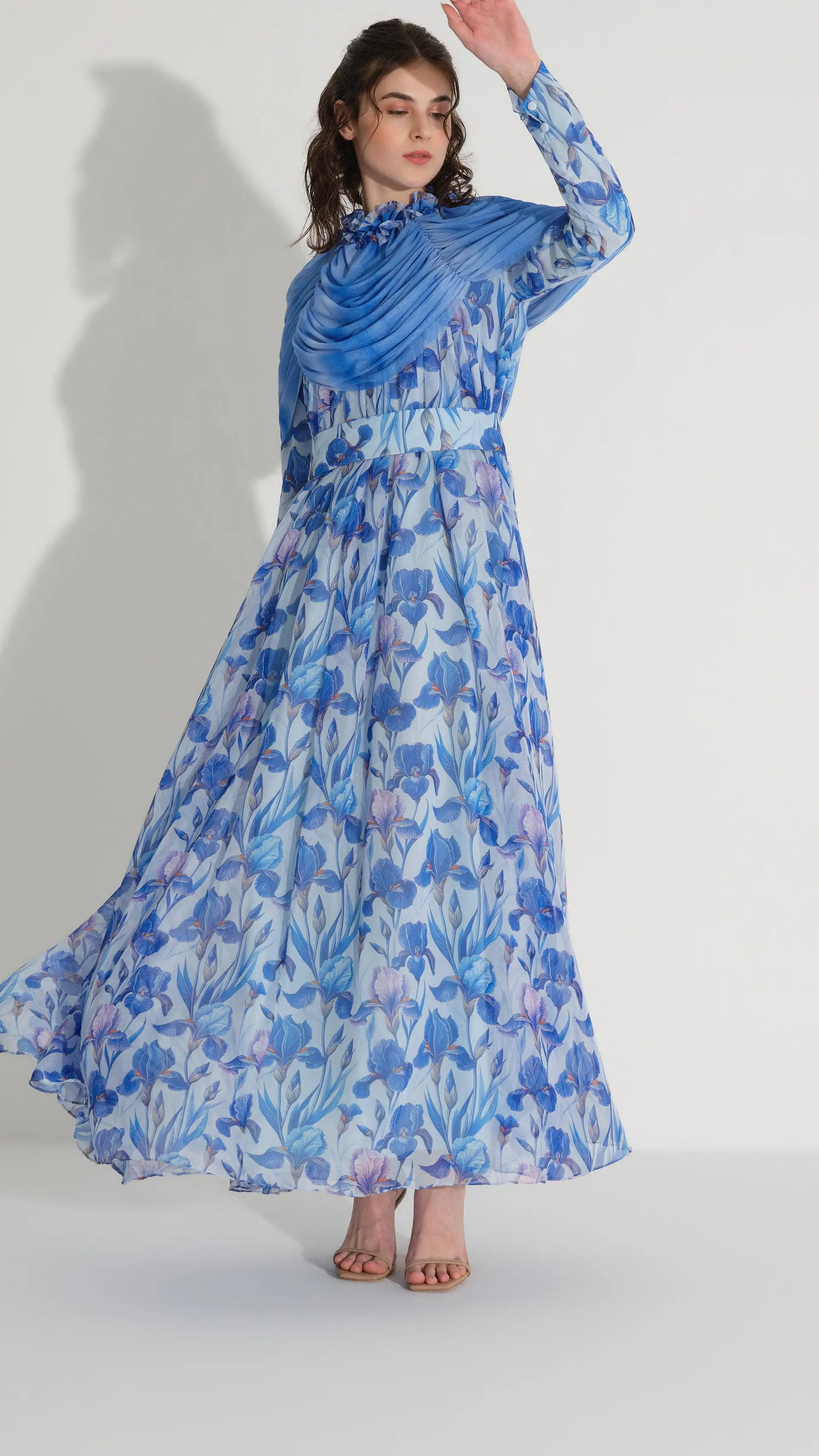 Cape Detail Silk Chiffon Dress – Blue, photo 3