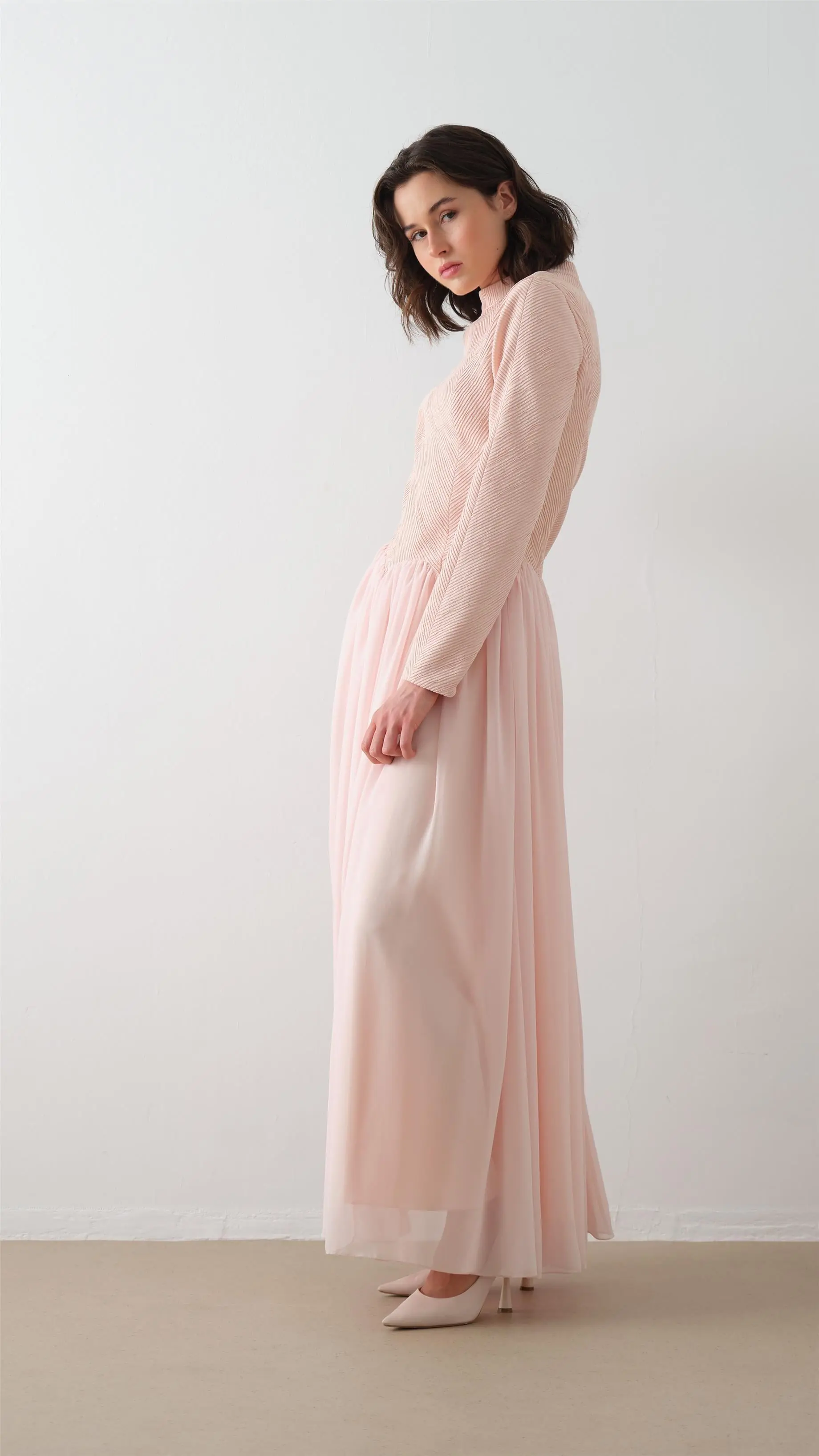Turtleneck Crepe Chiffon Maxi Dress – Powder, photo 4