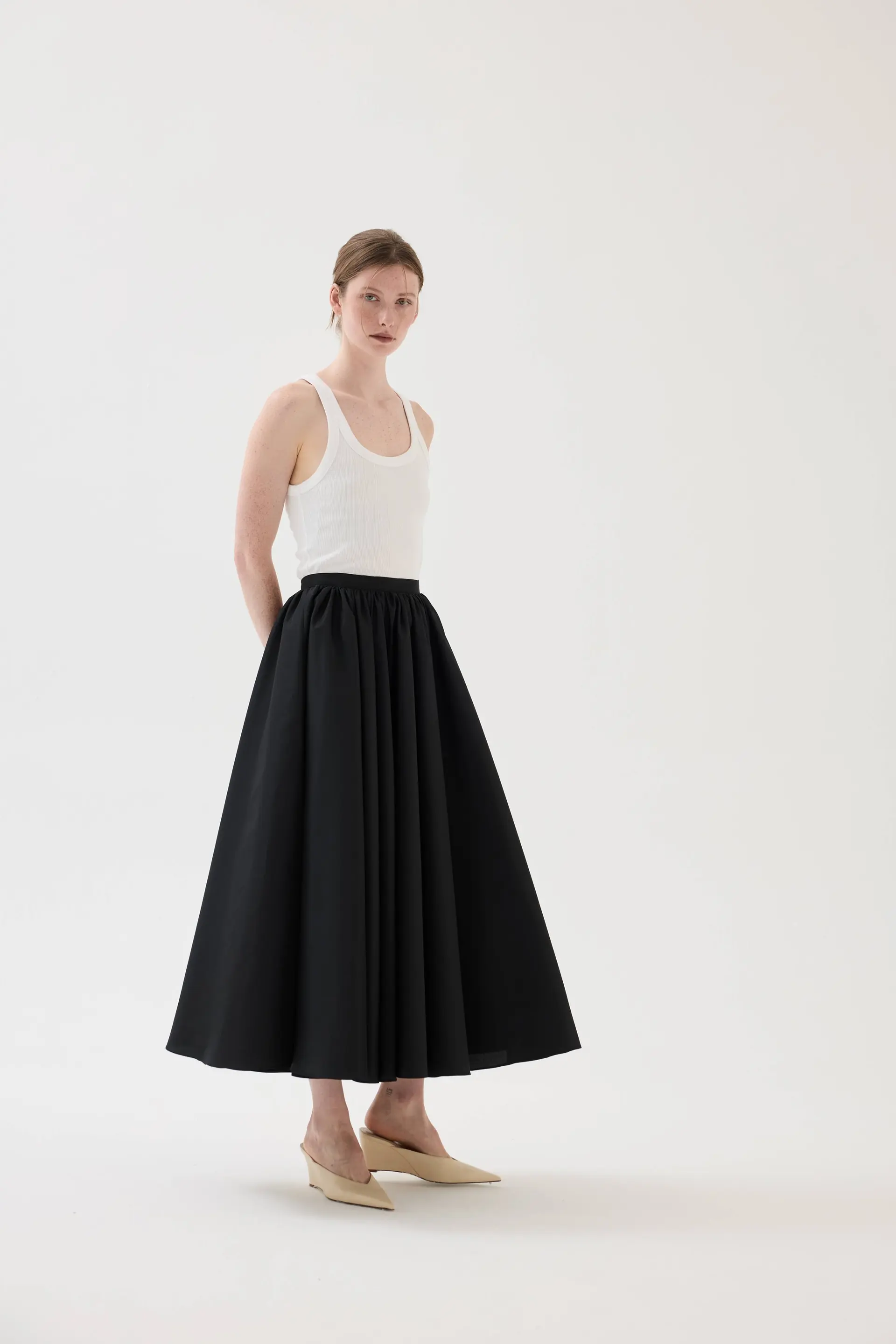 Gathered-Waist Full-Circle Taffeta Maxi Skirt – Black