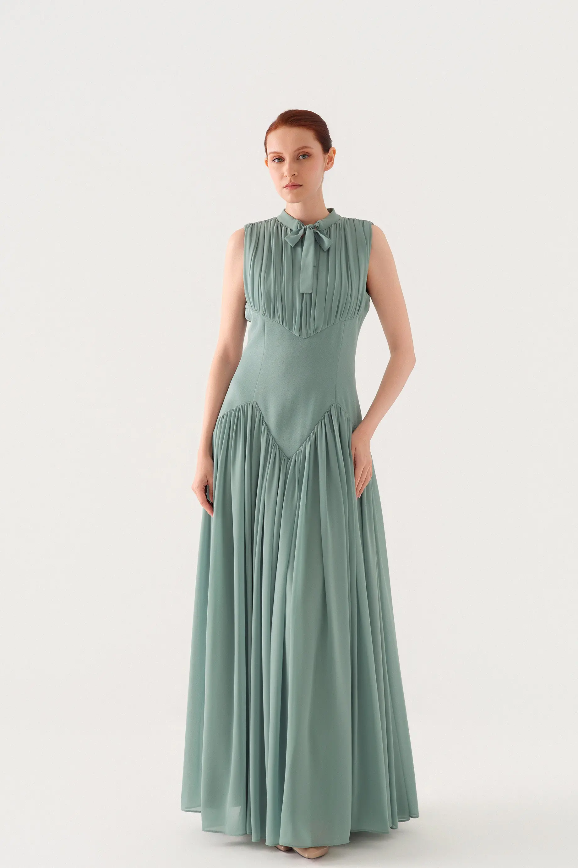 Sleeveless Bow-Neck Corset-Detail Chiffon Crepe Maxi Dress – Dark Mint