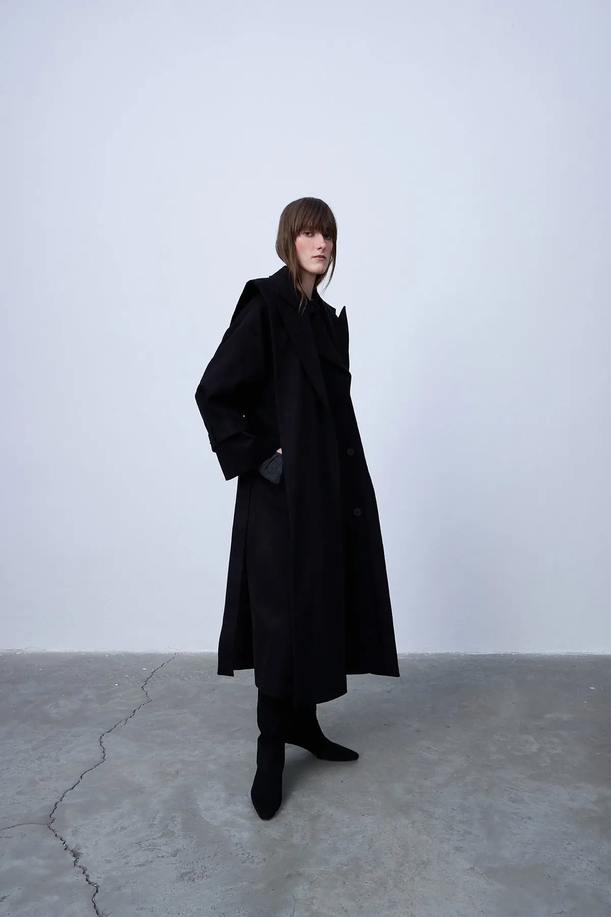 Double-Breasted Belted Cotton Trench Coat - Black, photo 3