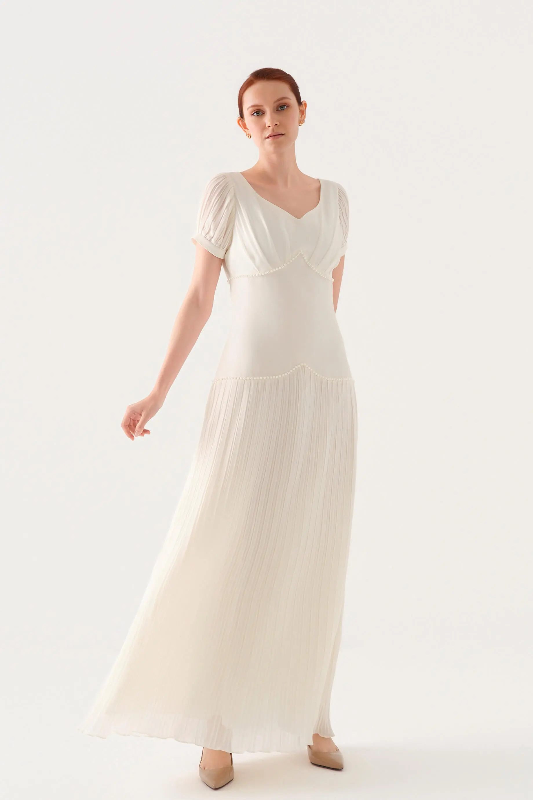 Embellished-Waist Pleated Chiffon Crepe Maxi Dress – Ecru, photo 3