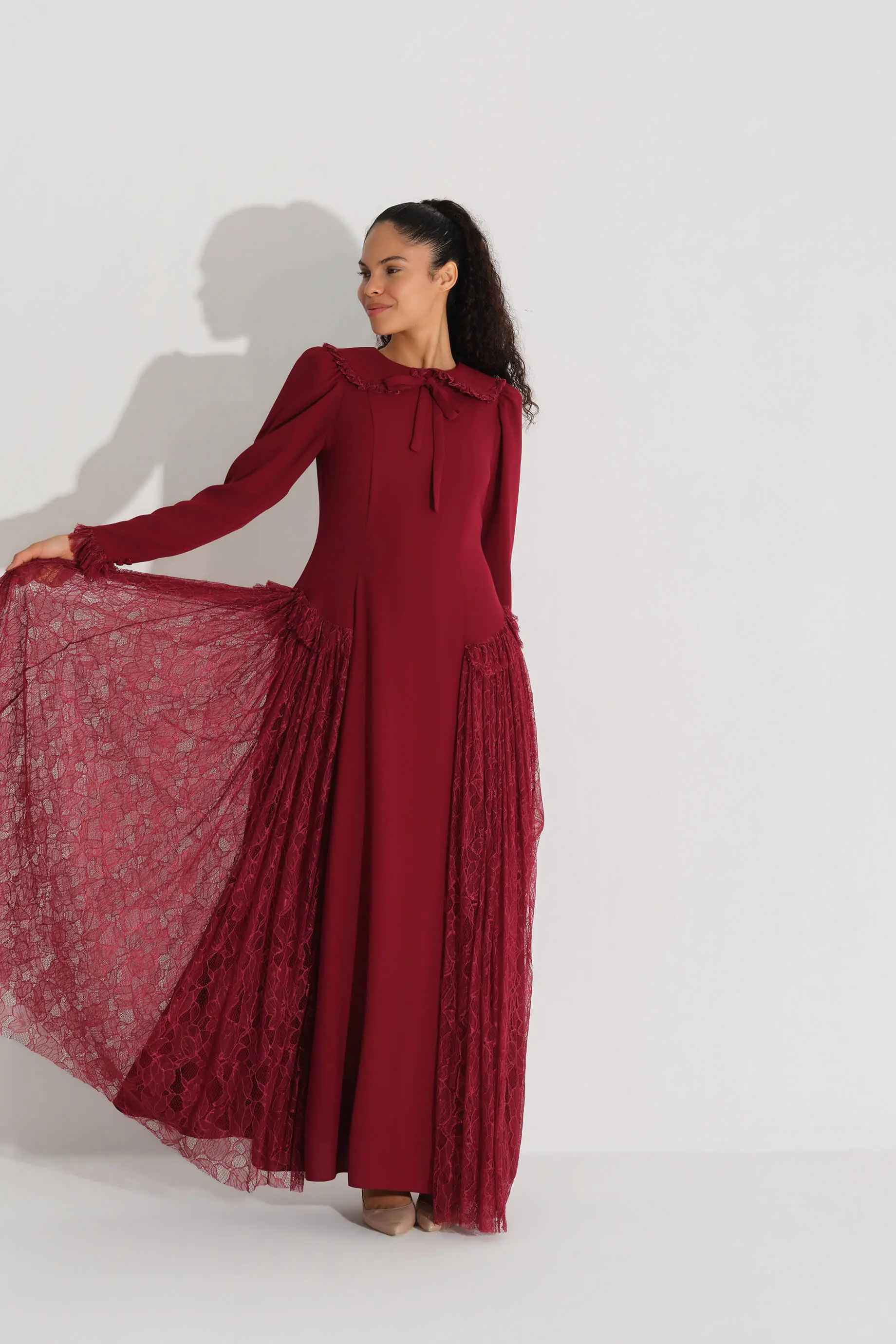 Lace-Trim Crepe Dress – Bordeaux, photo 3