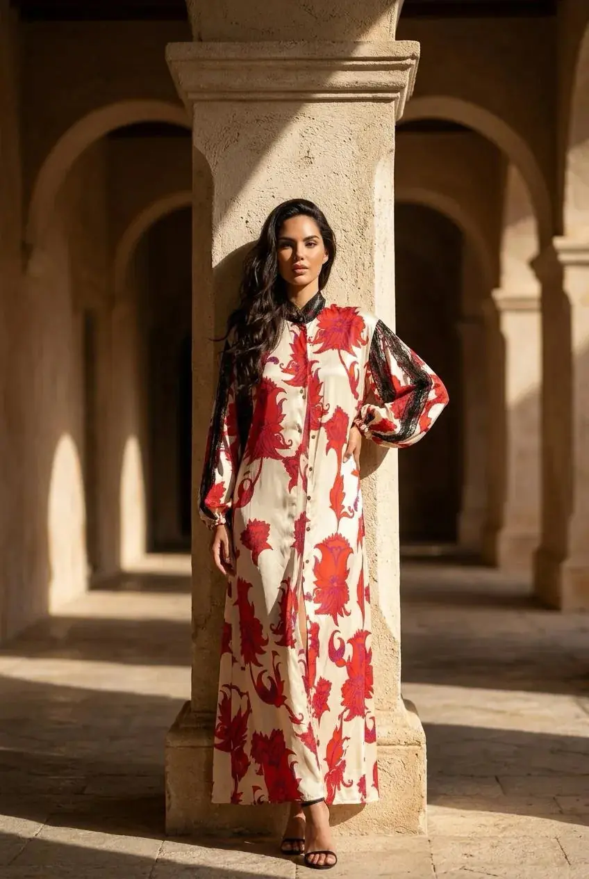 Glenda Floral Silk Maxi Shirt Dress with Lace Inserts - Ivory, photo 4
