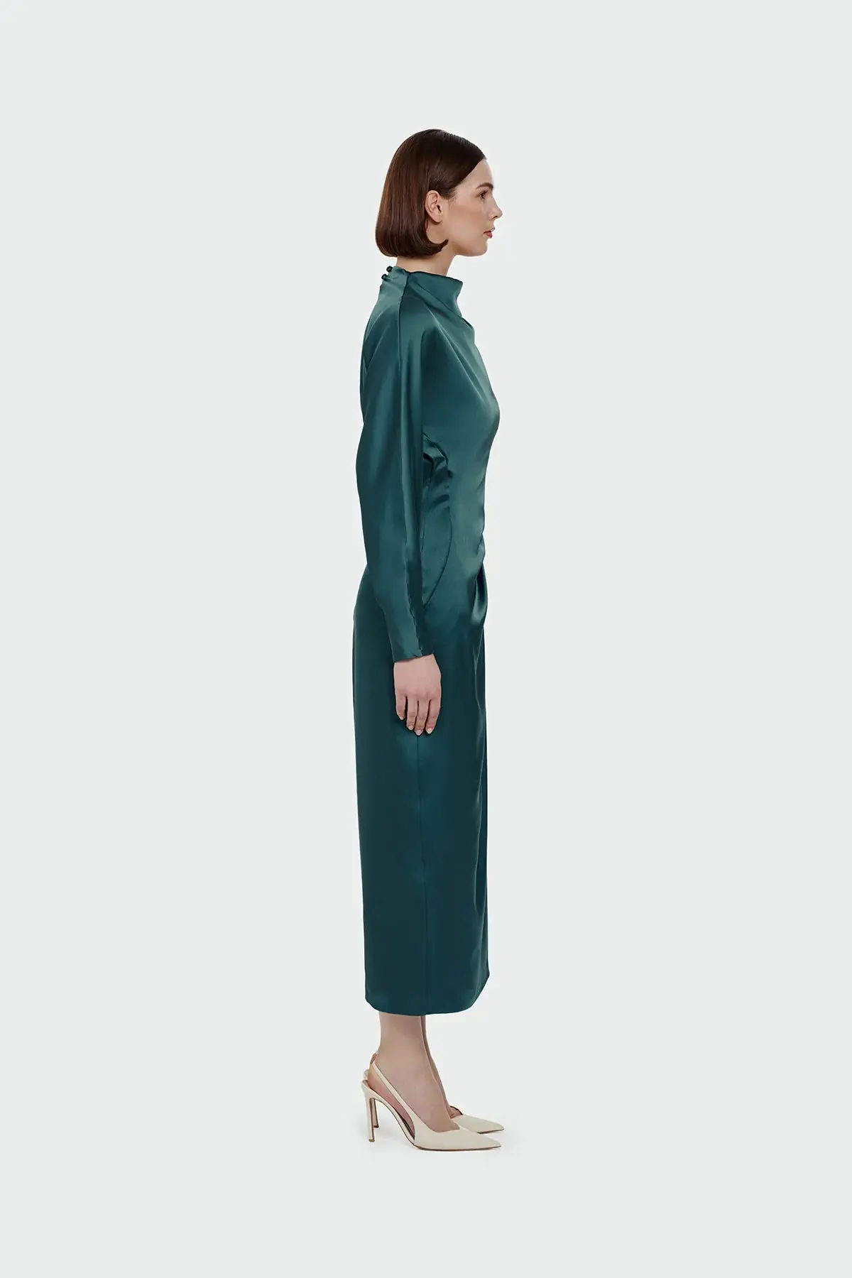 Ruched Waist Satin Midi Dress - Emerald, photo 3