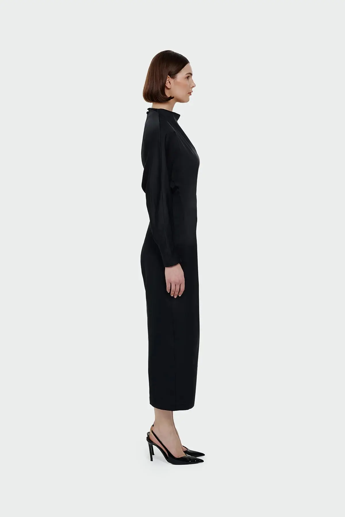 Ruched Waist Satin Midi Dress - Black, photo 2