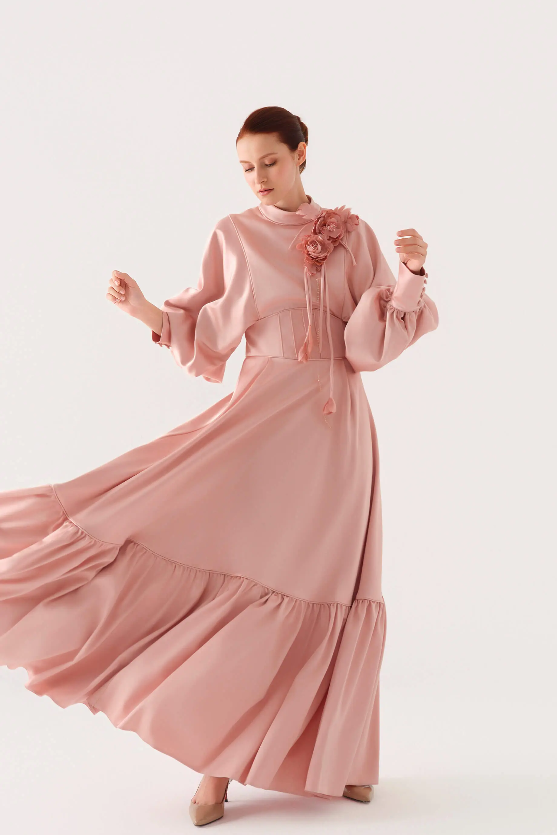Beaded-Trim Corset-Waist Satin Maxi Dress – Powder Pink, photo 3