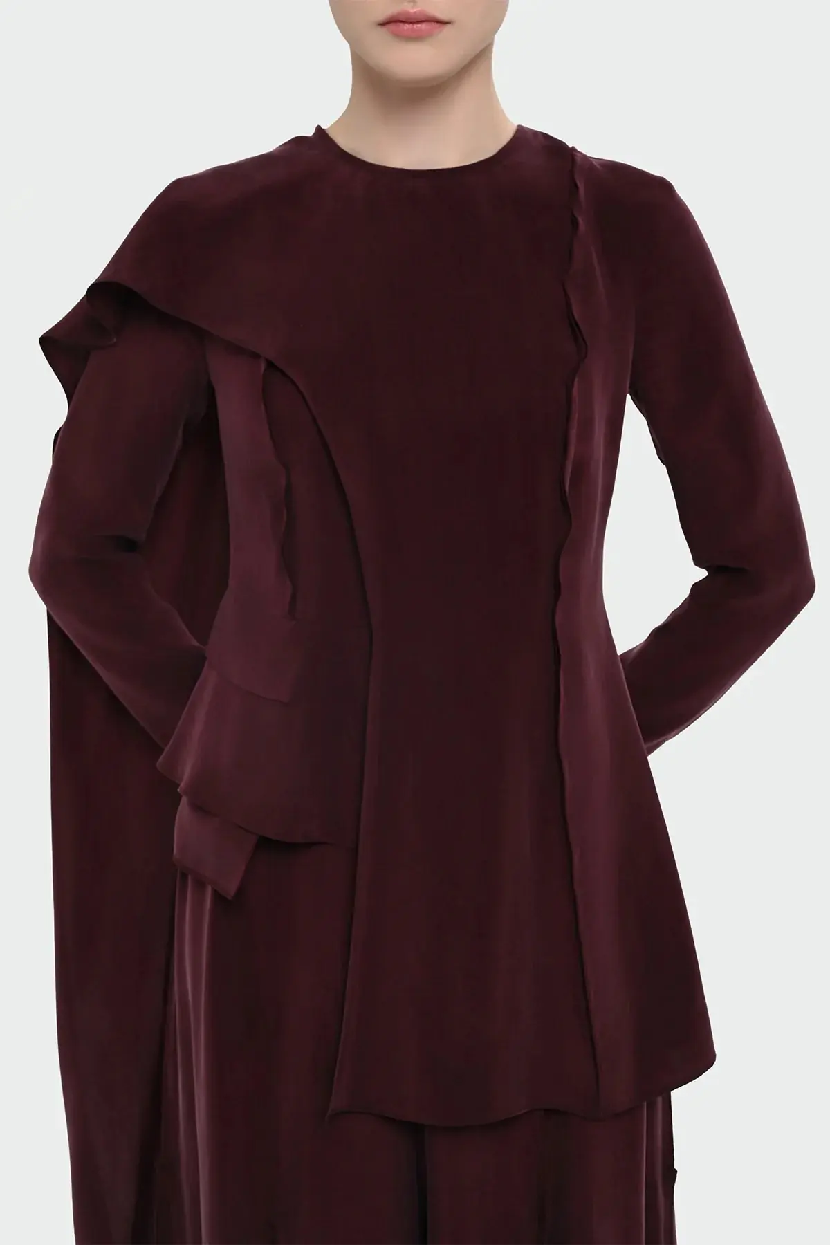 Asymmetric Draped Blouse & Wide-Leg Trouser Set - Burgundy, photo 3