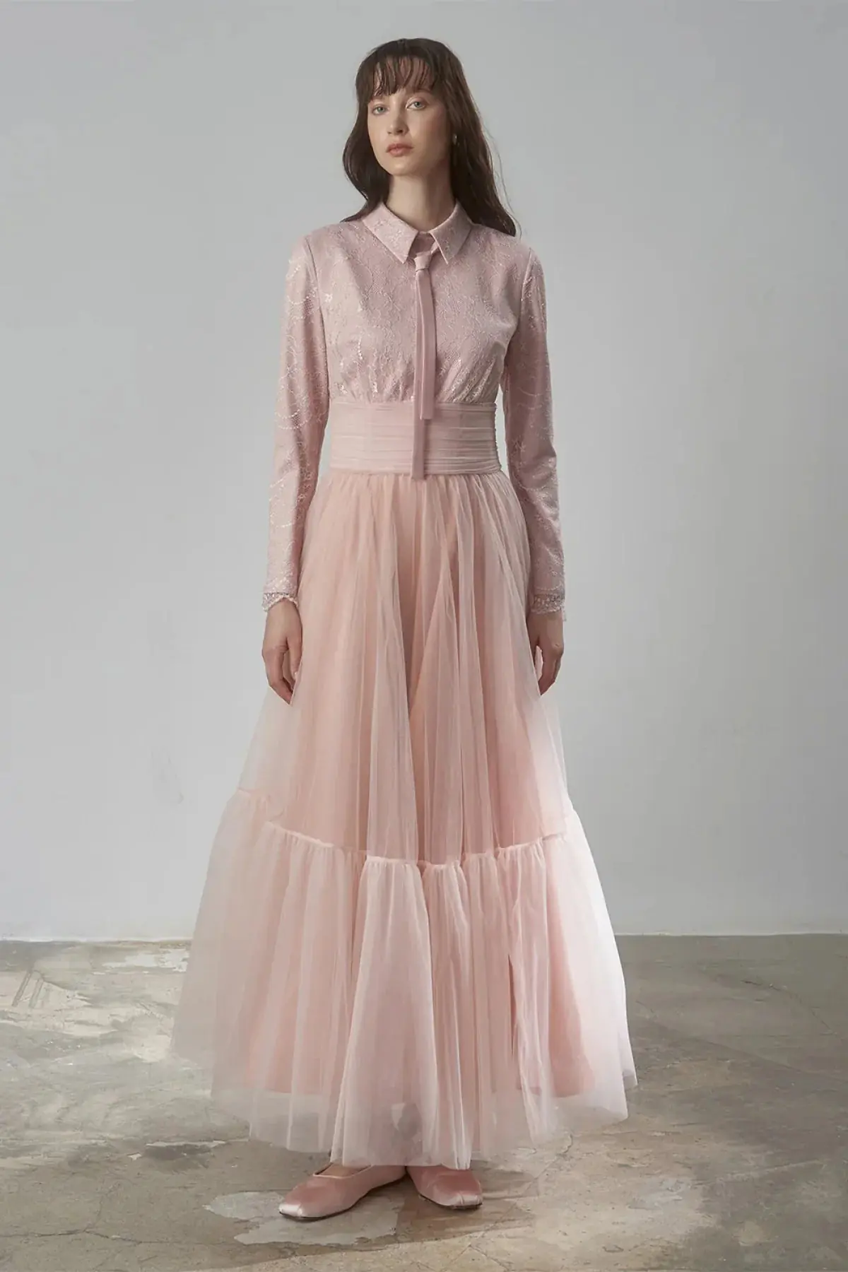 Drape Detailed Tulle Skirt Evening Gown – Powder