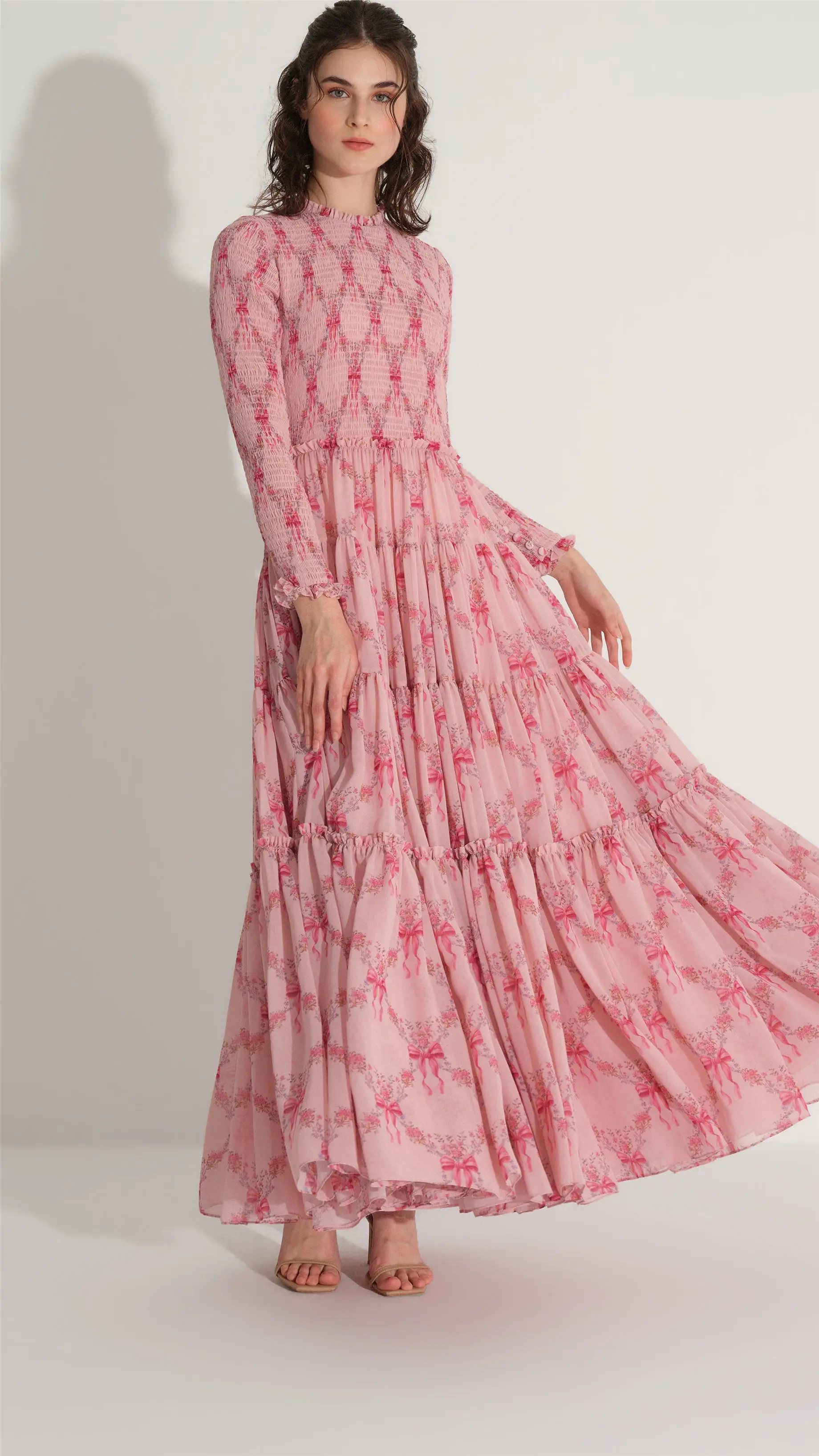 Smocked Chiffon Pleated Dress – Pink, photo 4