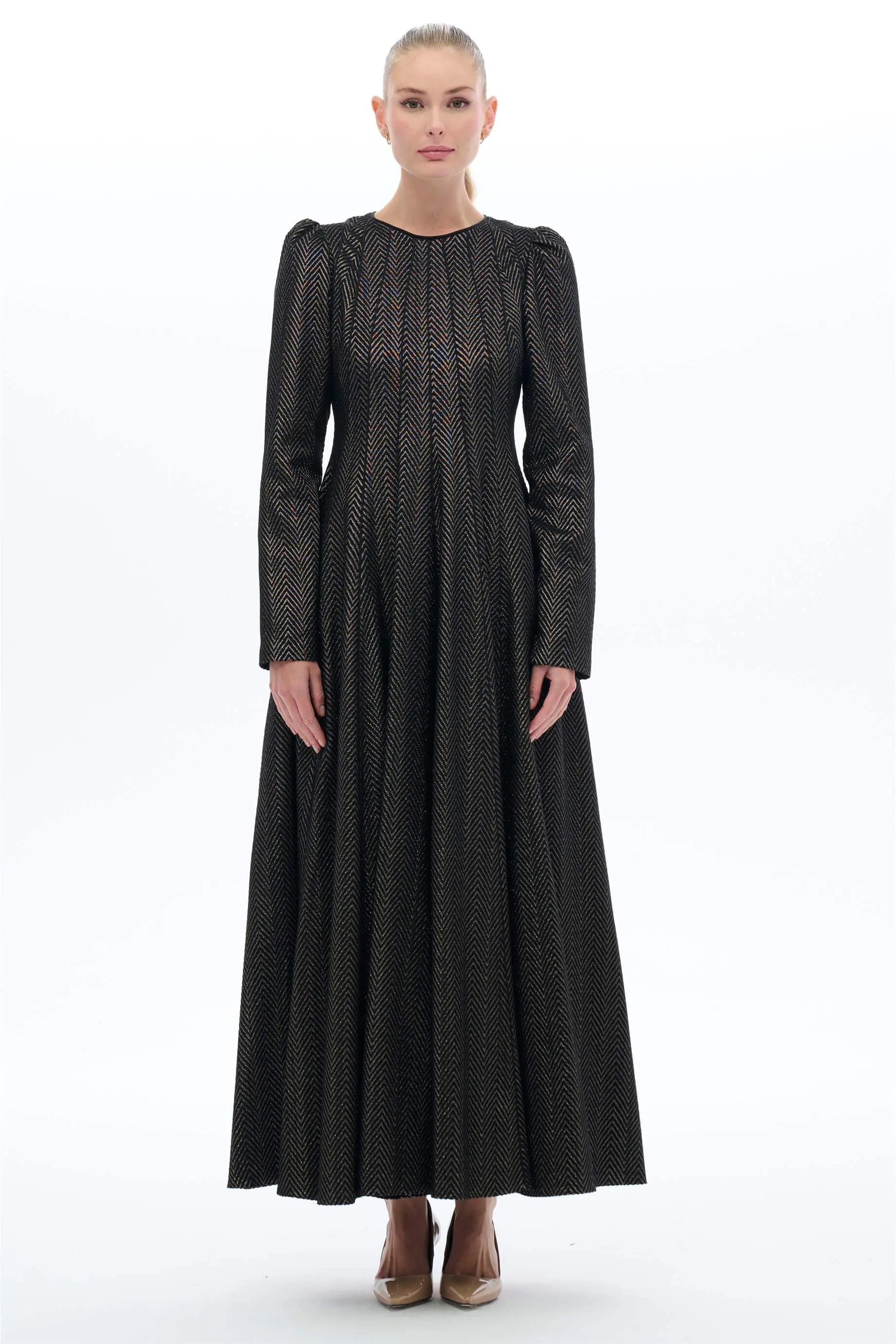 Shimmer-Trim Jacquard Maxi Dress – Black