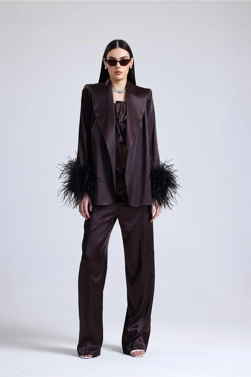 Satin Ember Feather-Sleeve Set — Brown, photo 5
