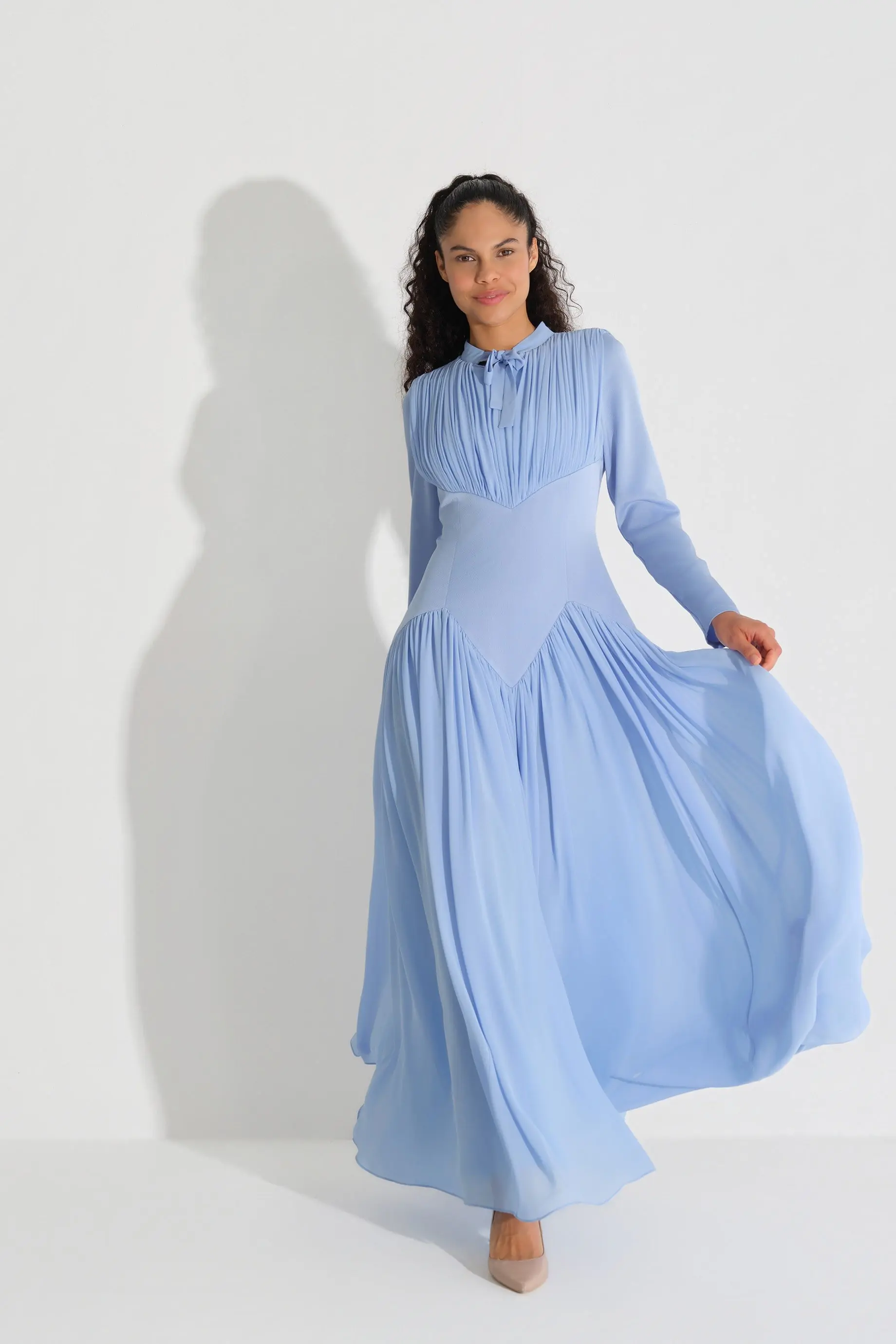 Bow-Neck Corset-Detail Chiffon Dress with Long Sleeves - Blue, photo 2
