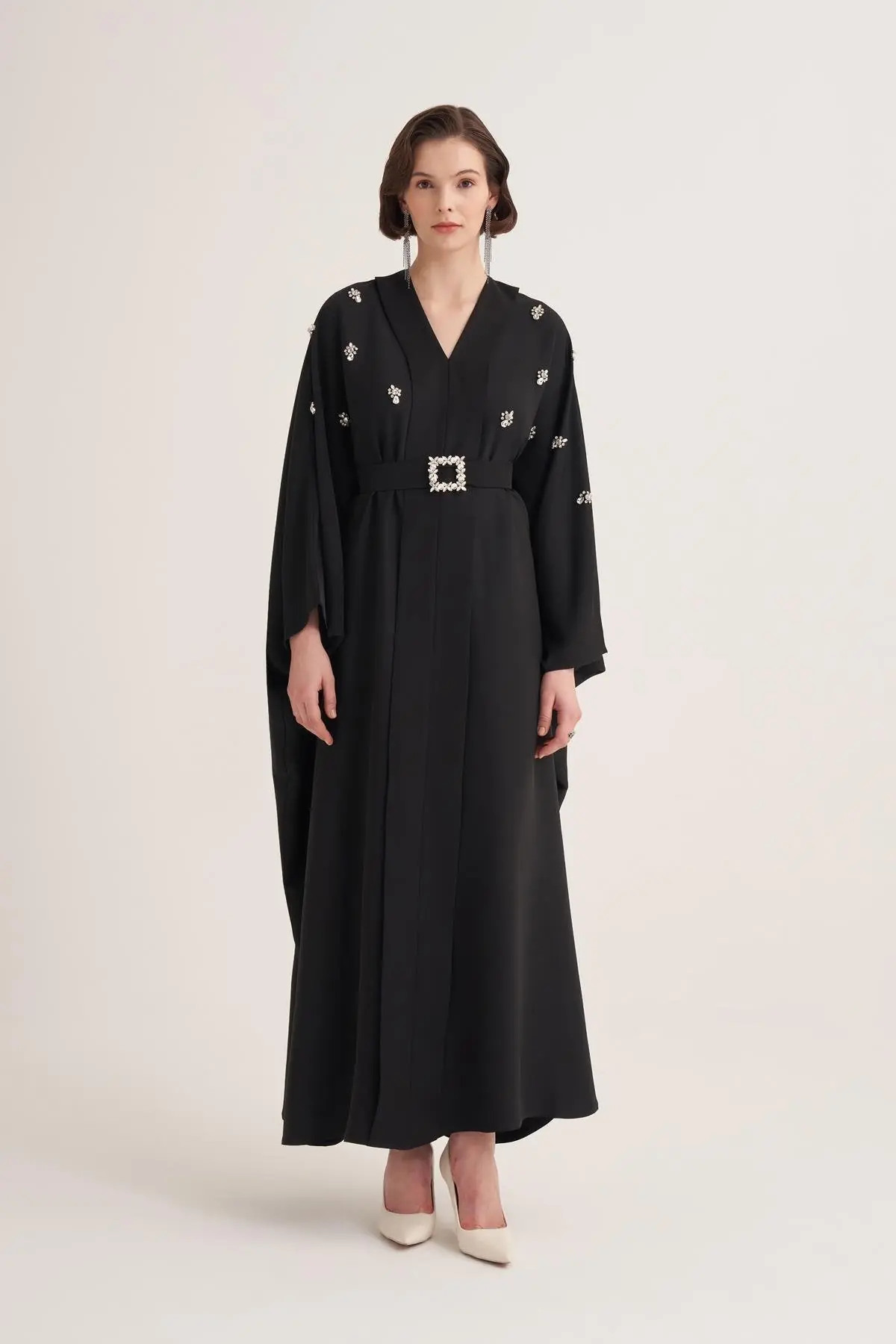 Selena Embellished Belted Evening Kaftan – Black