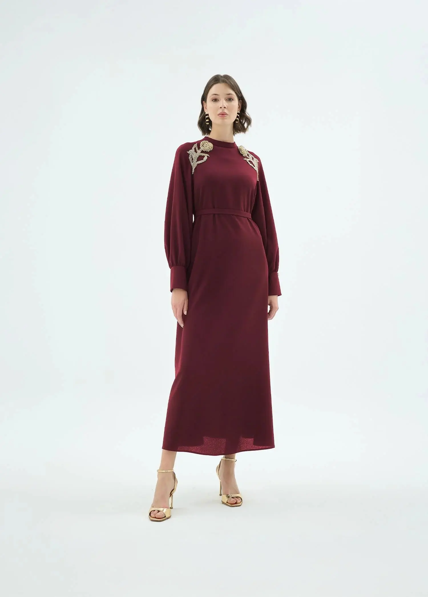 Rose Embellished Shoulder Dress – Bordeaux