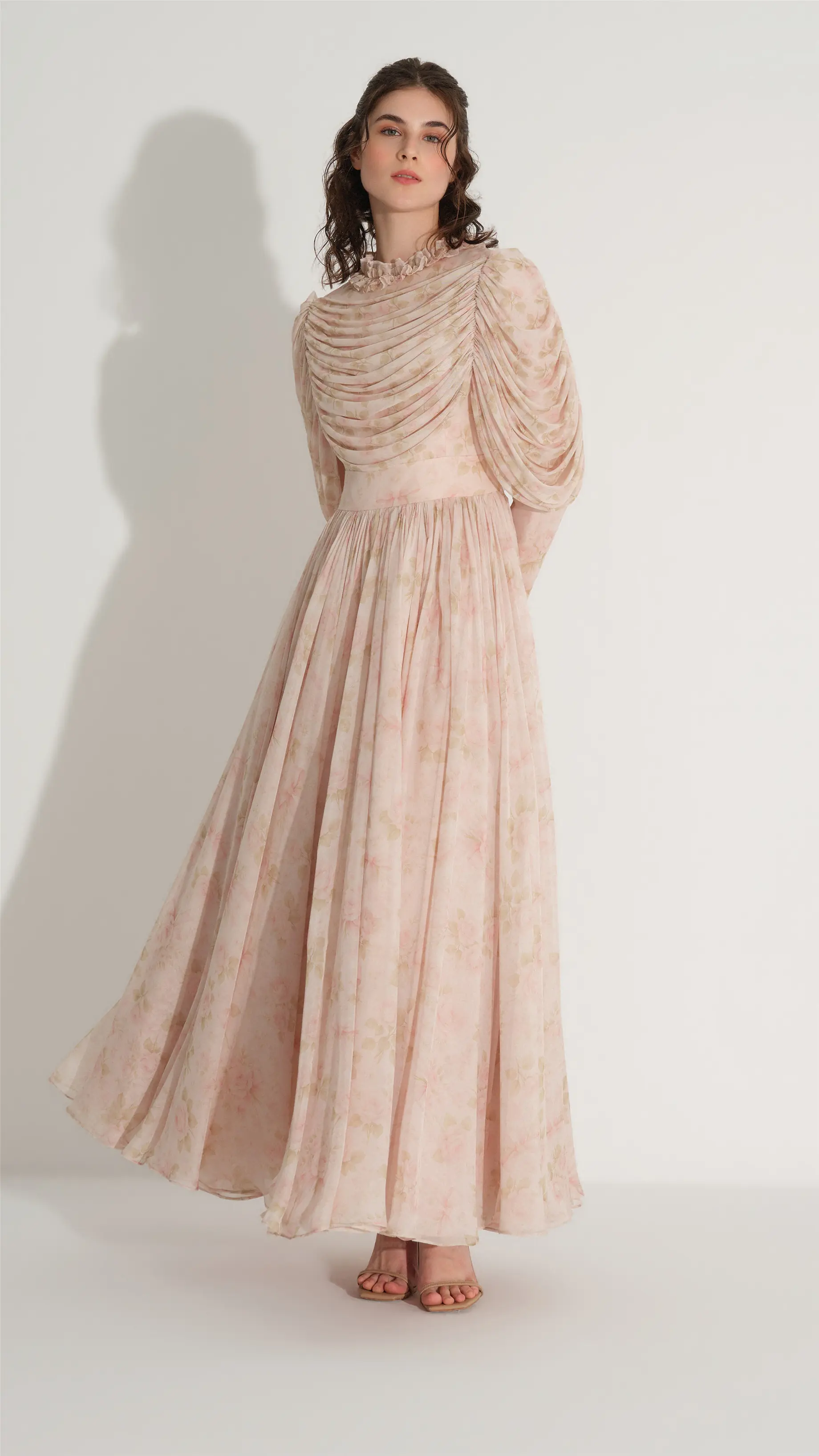 Sheer Tulle-Detail Chiffon Dress – Salmon, photo 2