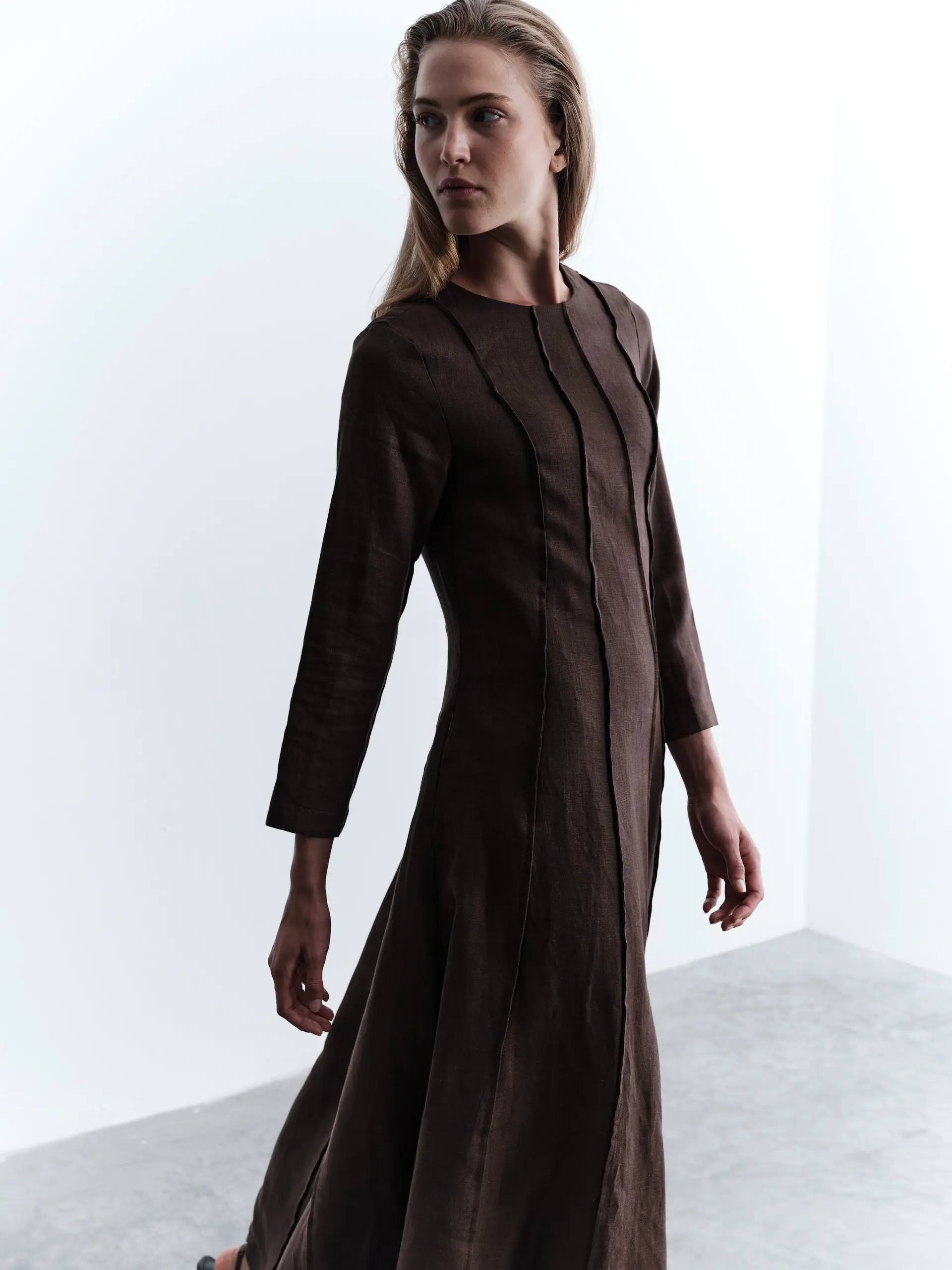 Patchwork Linen Maxi Dress - Brown