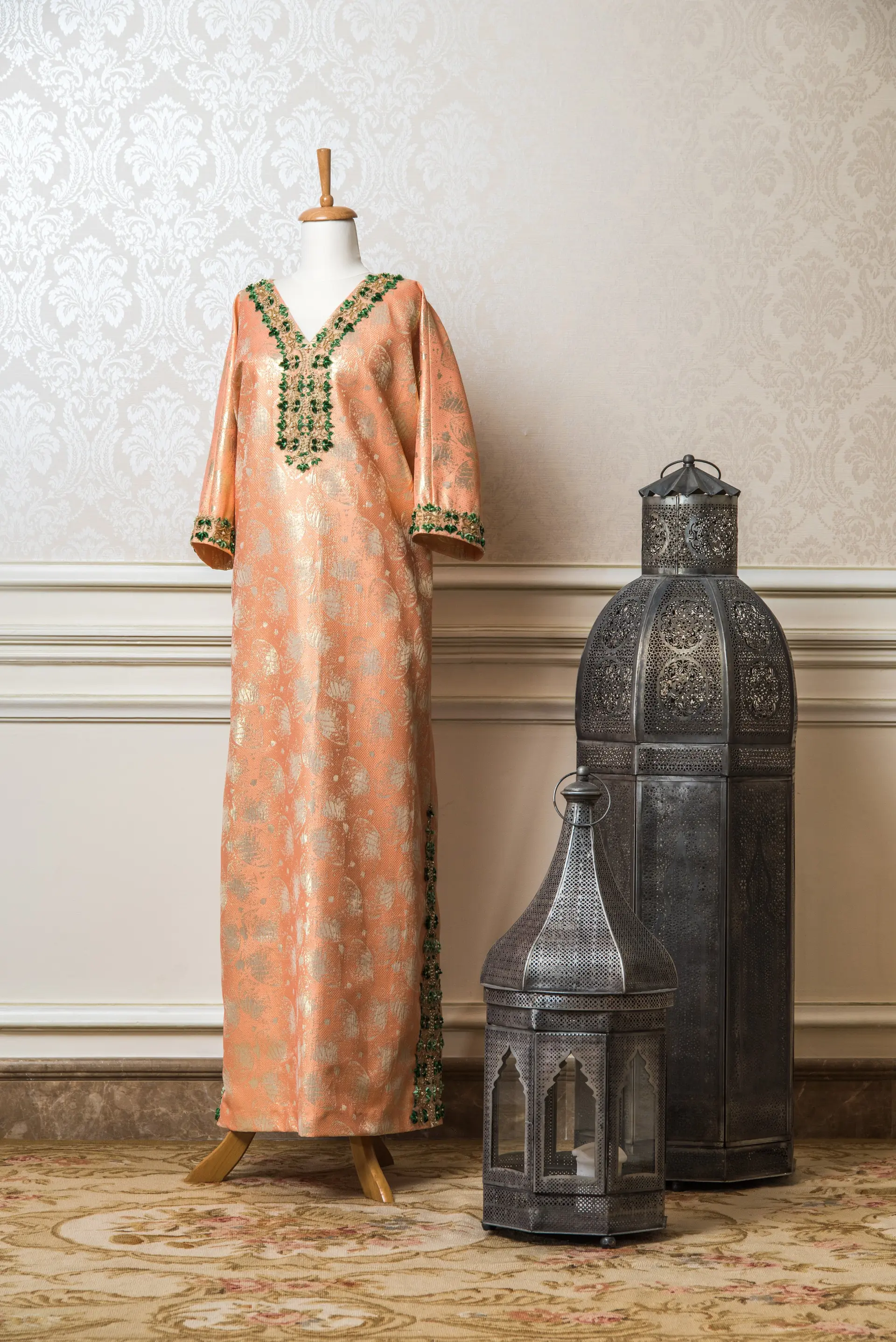 Peach Jacquard Silk Kaftan with Gold Leaf Motif and Green Thread Embroidery