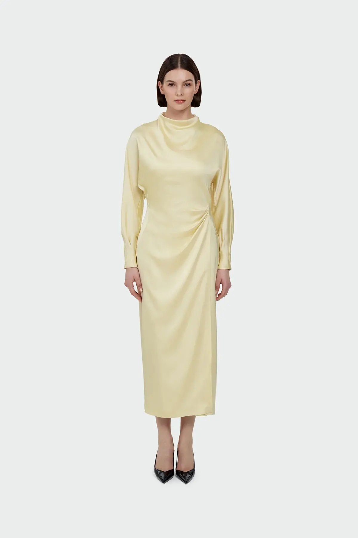 Ruched Waist Satin Midi Dress - Yellow