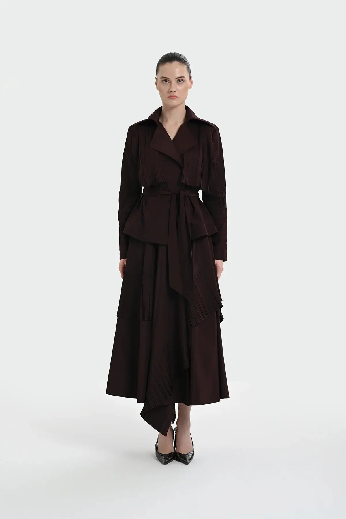 Pleated Detail Tie-Waist Jacket — Burgundy