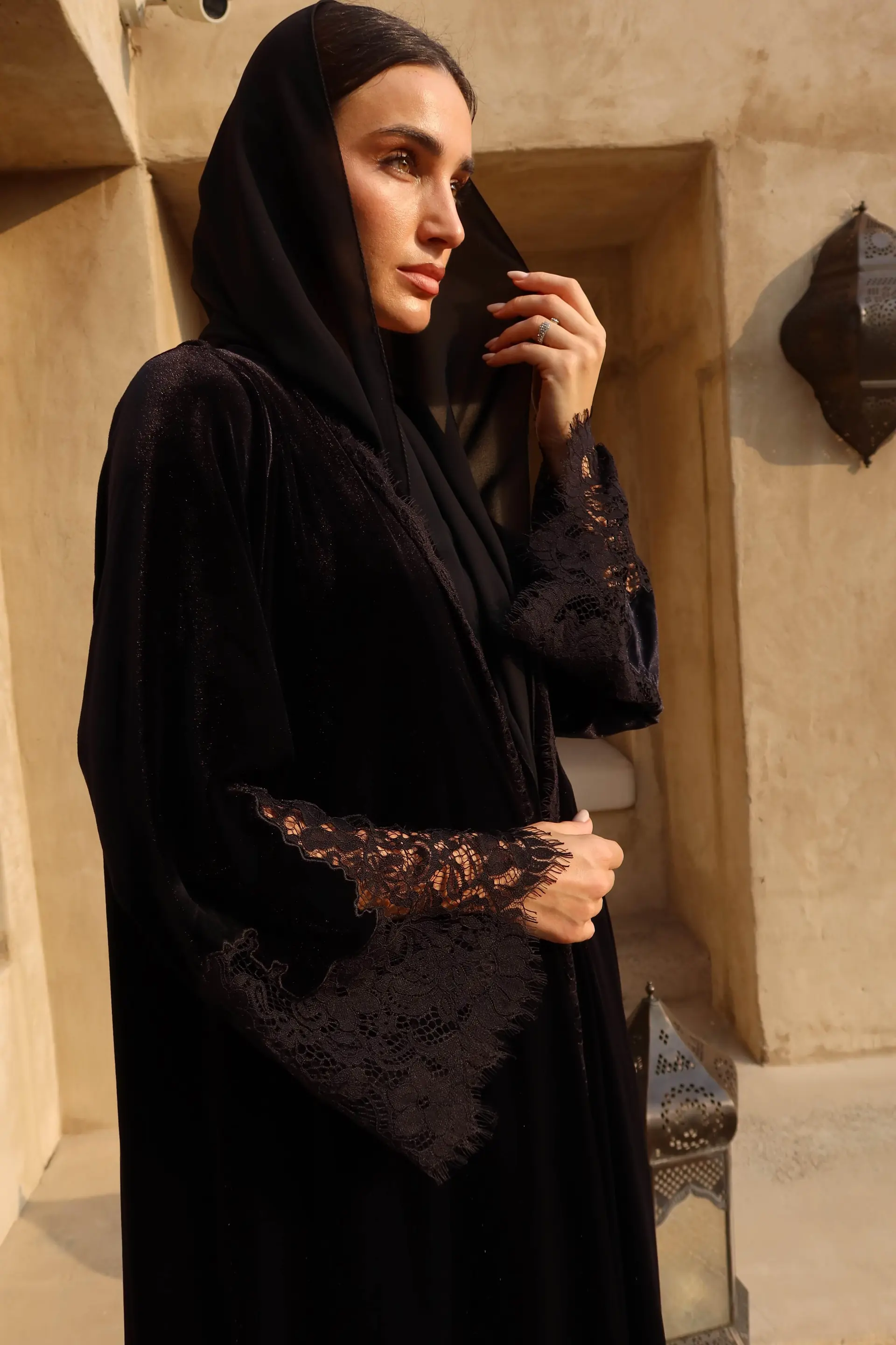 Velvet Lace Abaya – Black, photo 2
