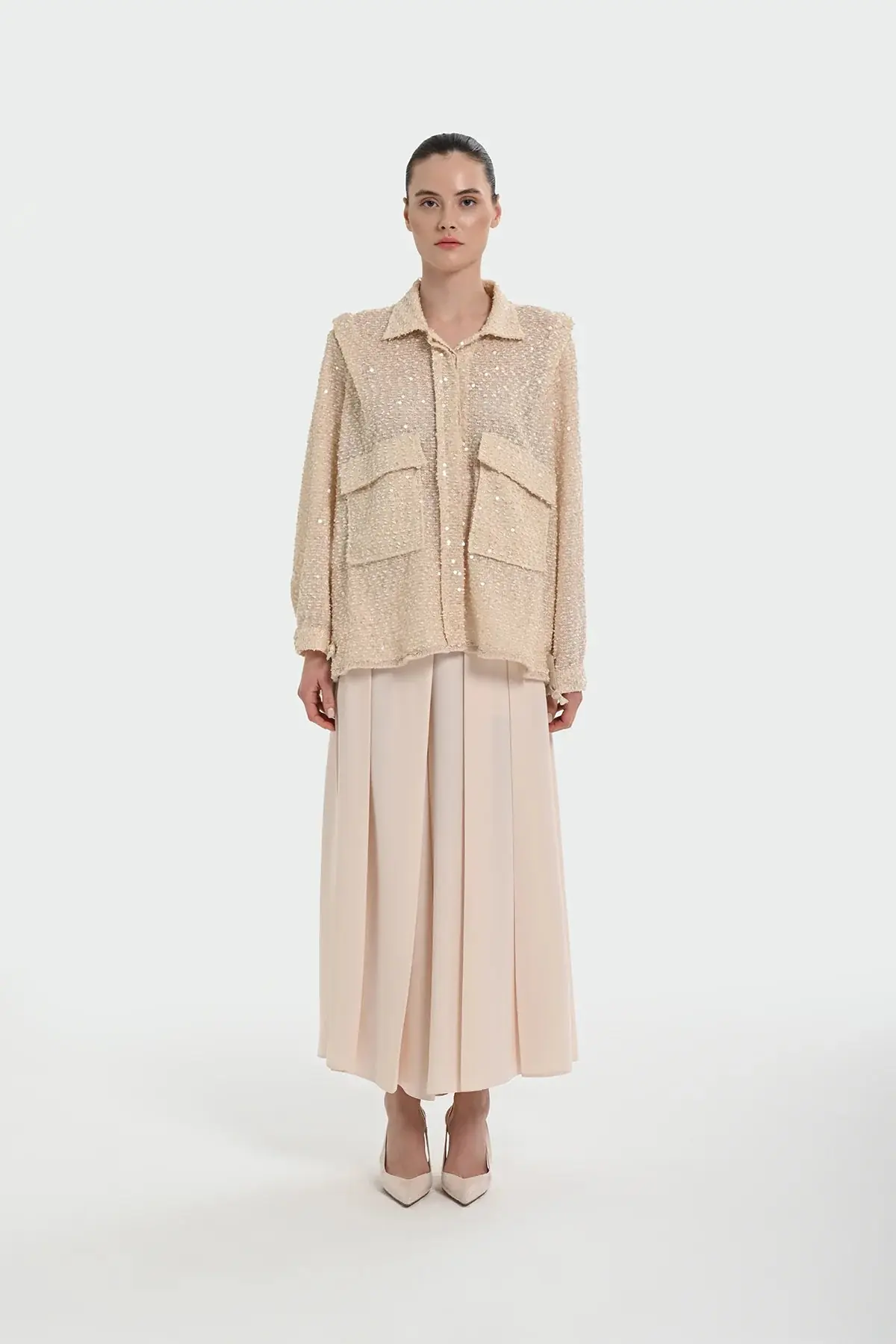 Sequin Embellished Shirt-Collar Jacket — Cream