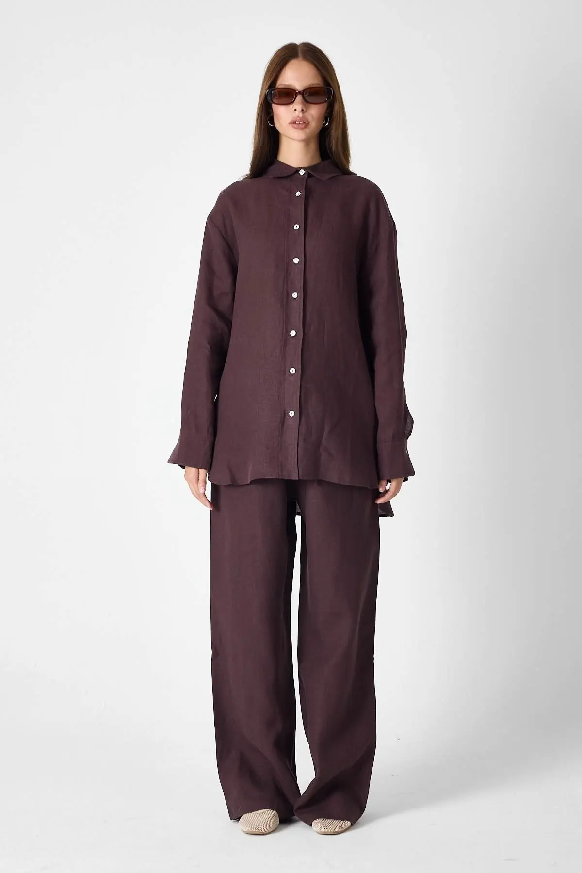 Pure Linen 100% Linen Oversize Shirt - Coffee