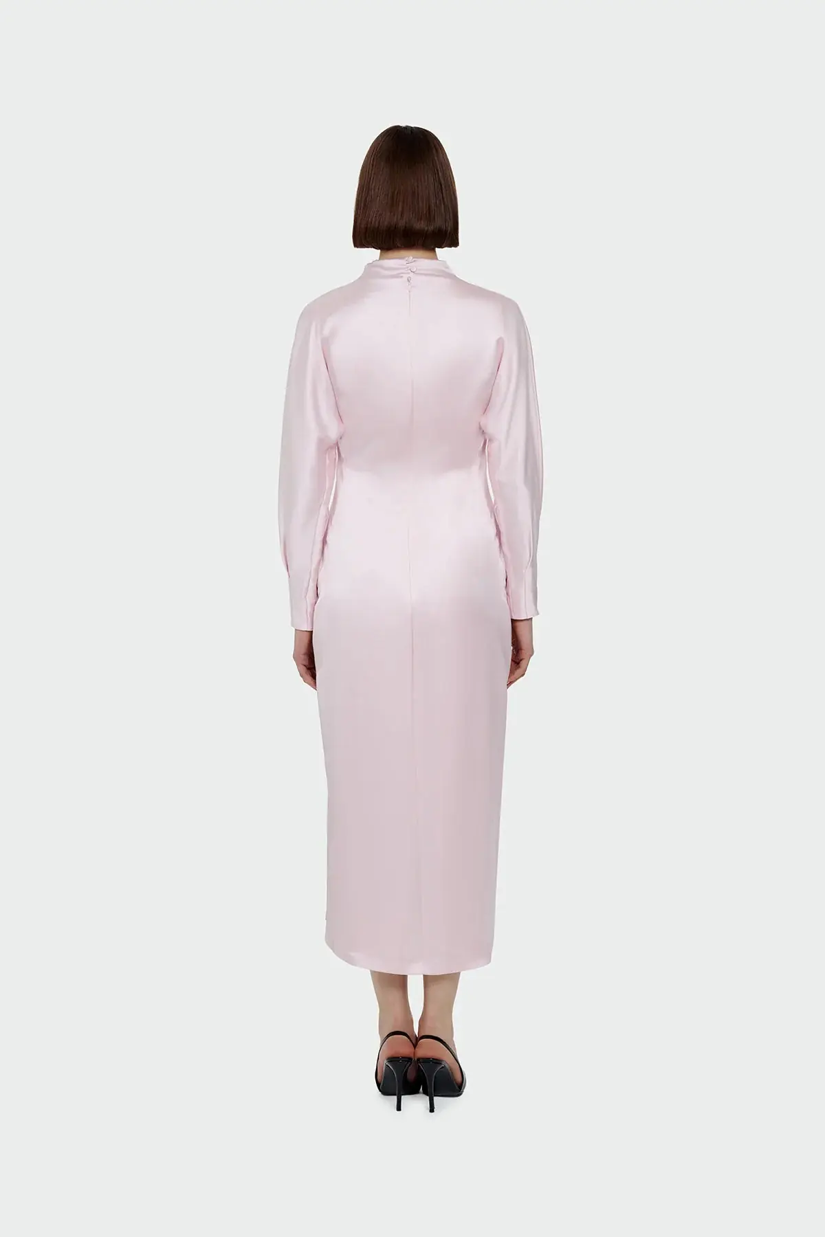 Ruched Waist Satin Midi Dress - Pink, photo 4