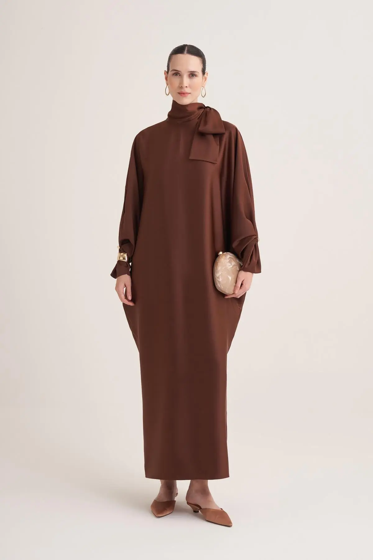 Sophie Satin Bow-Neck Dress – Brown