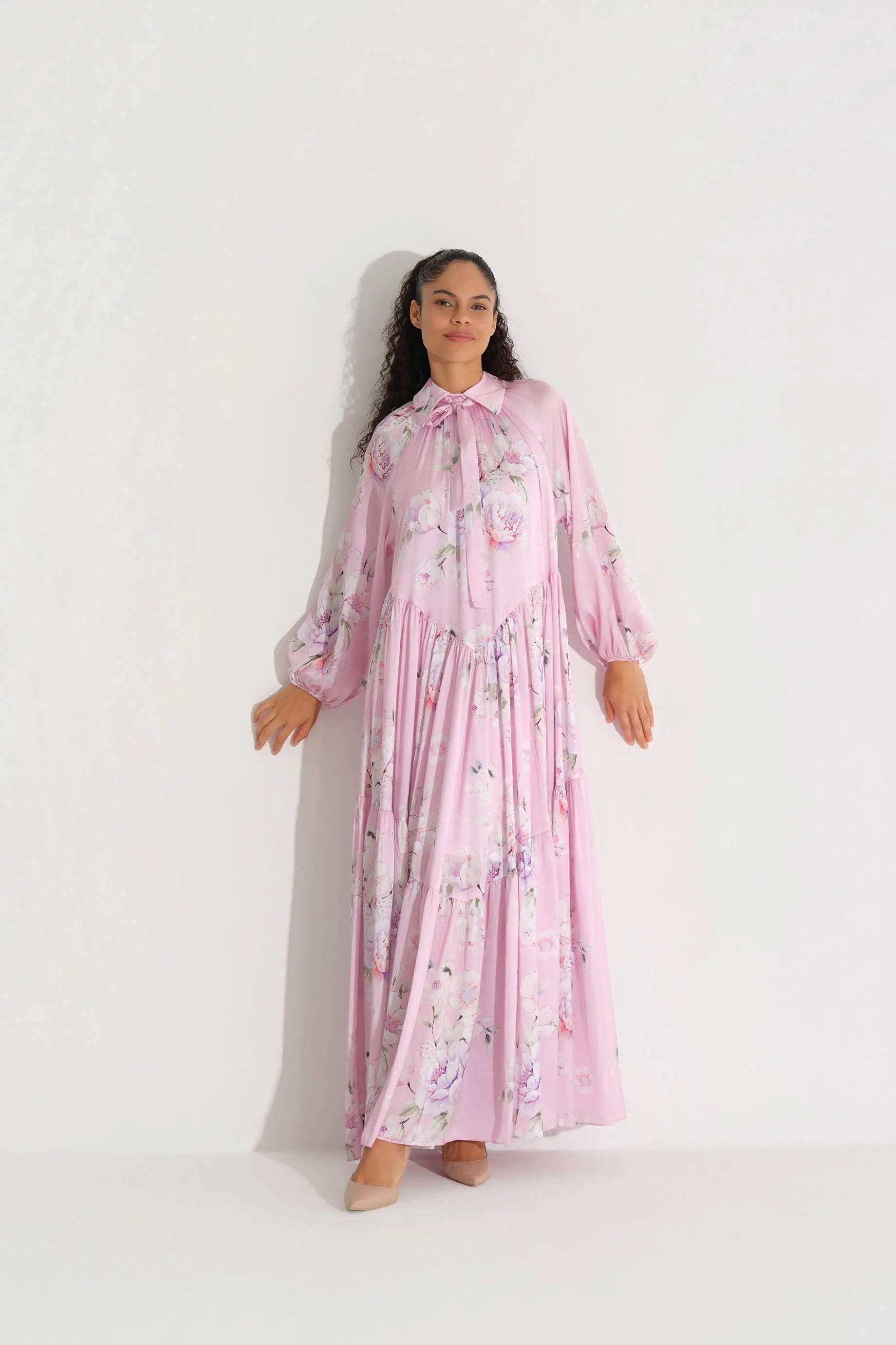 YAKASI FİYONKLU ŞİFON SATEN ELBİSE K. PEMBE, photo 6