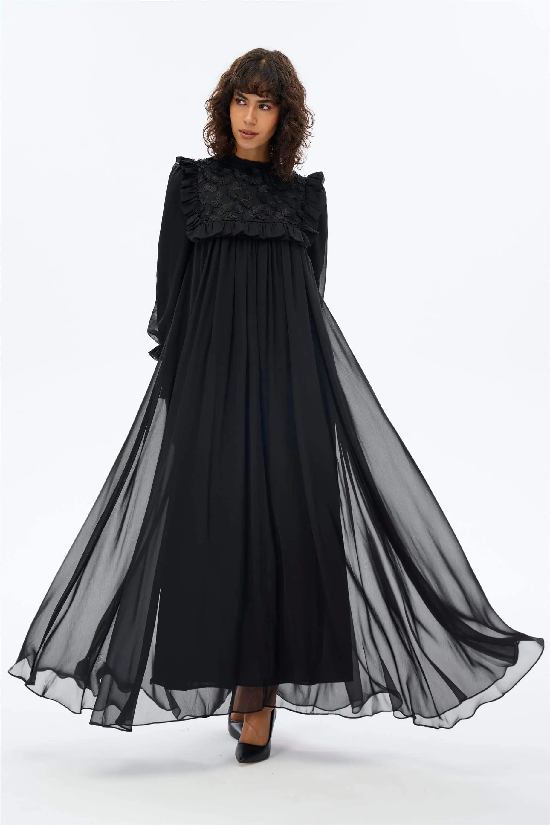 Embroidered Lace Yoke Chiffon Dress – Black, photo 4