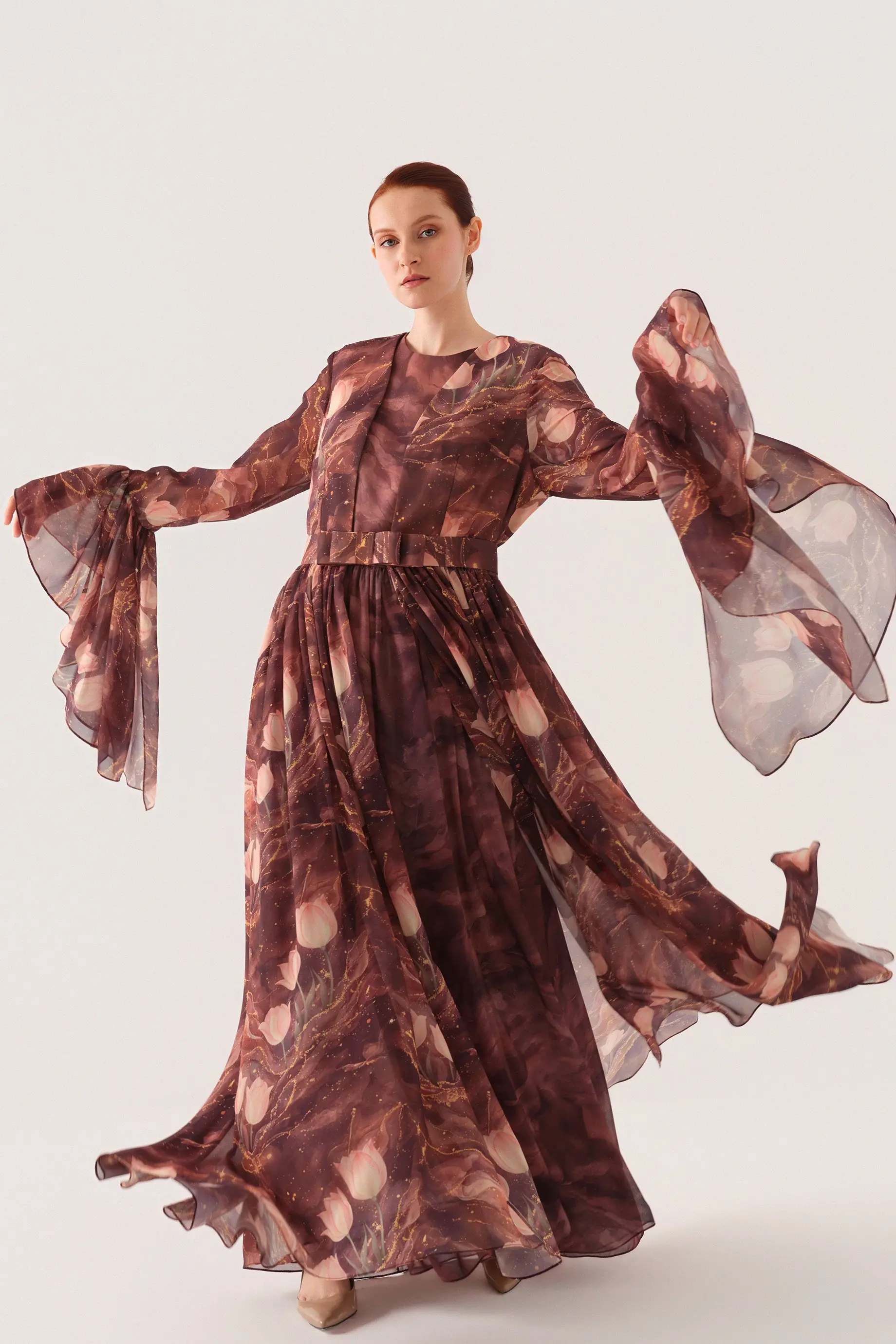 Tulip-Print Chiffon Maxi Dress with Inner Slip – Brown, photo 2