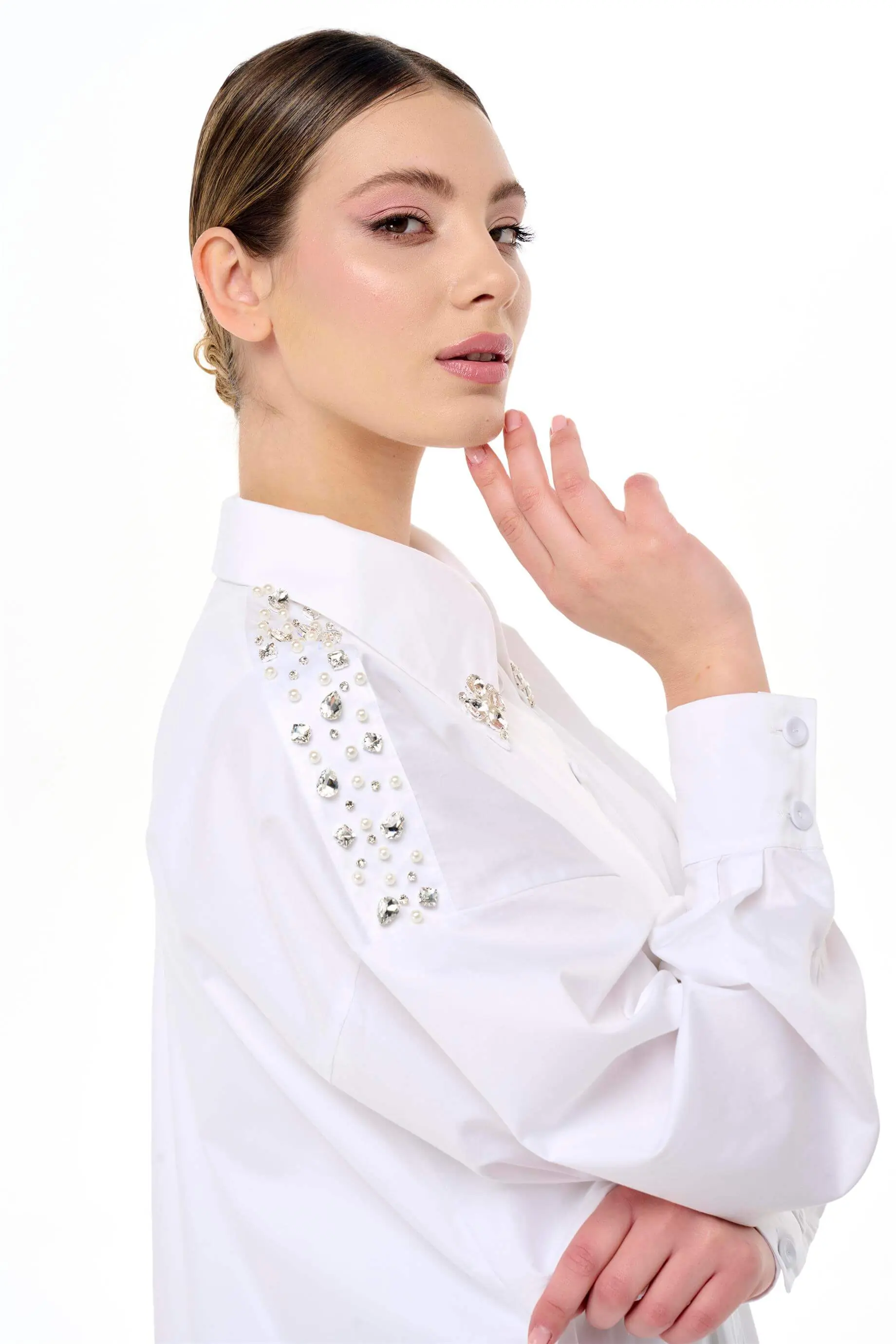 TAŞ İŞLEMELİ POPLİN ELBİSE Beyaz, photo 4