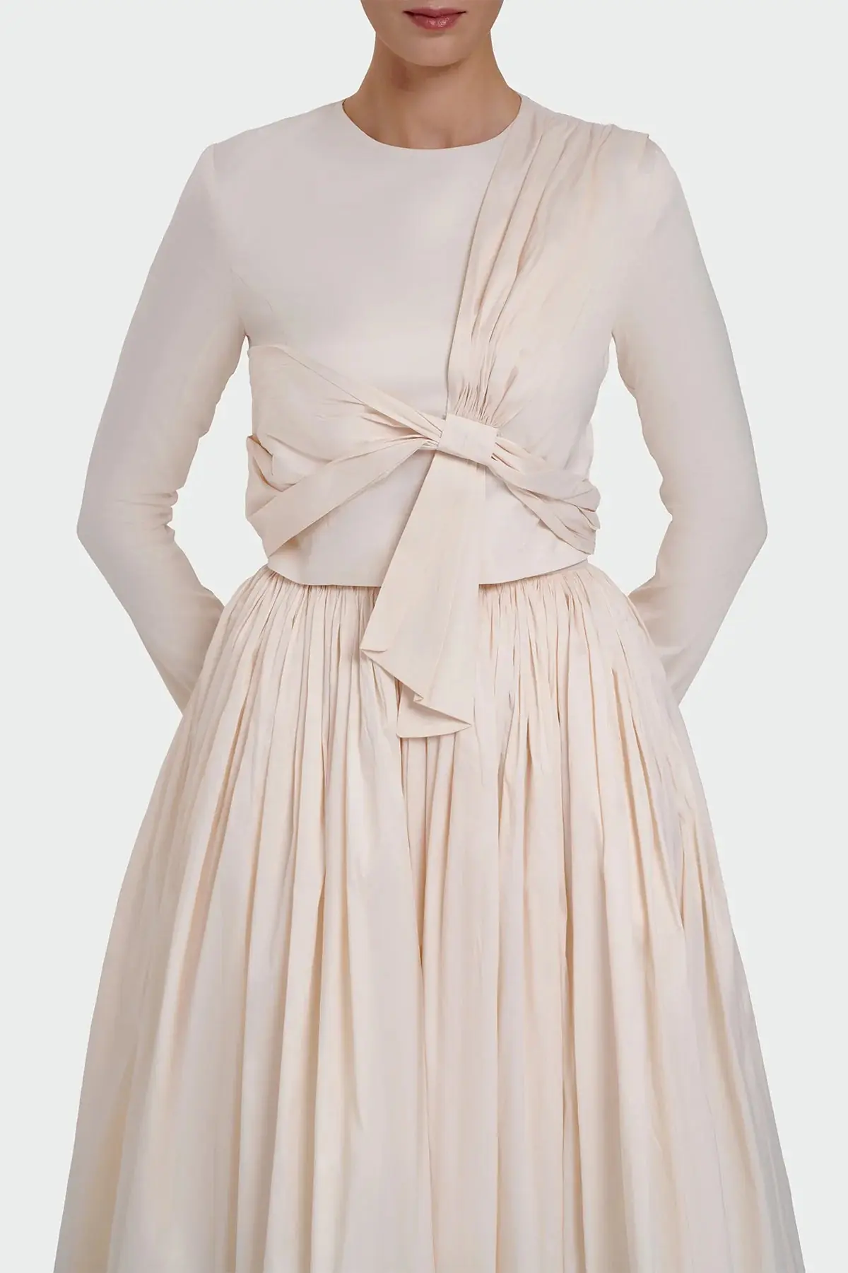 Long-Sleeve Dress with Front Tie Detail - Cream, photo 2