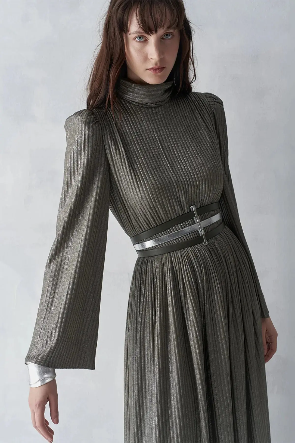 Metallic Ribbed Belted Evening Gown – Khaki, photo 2
