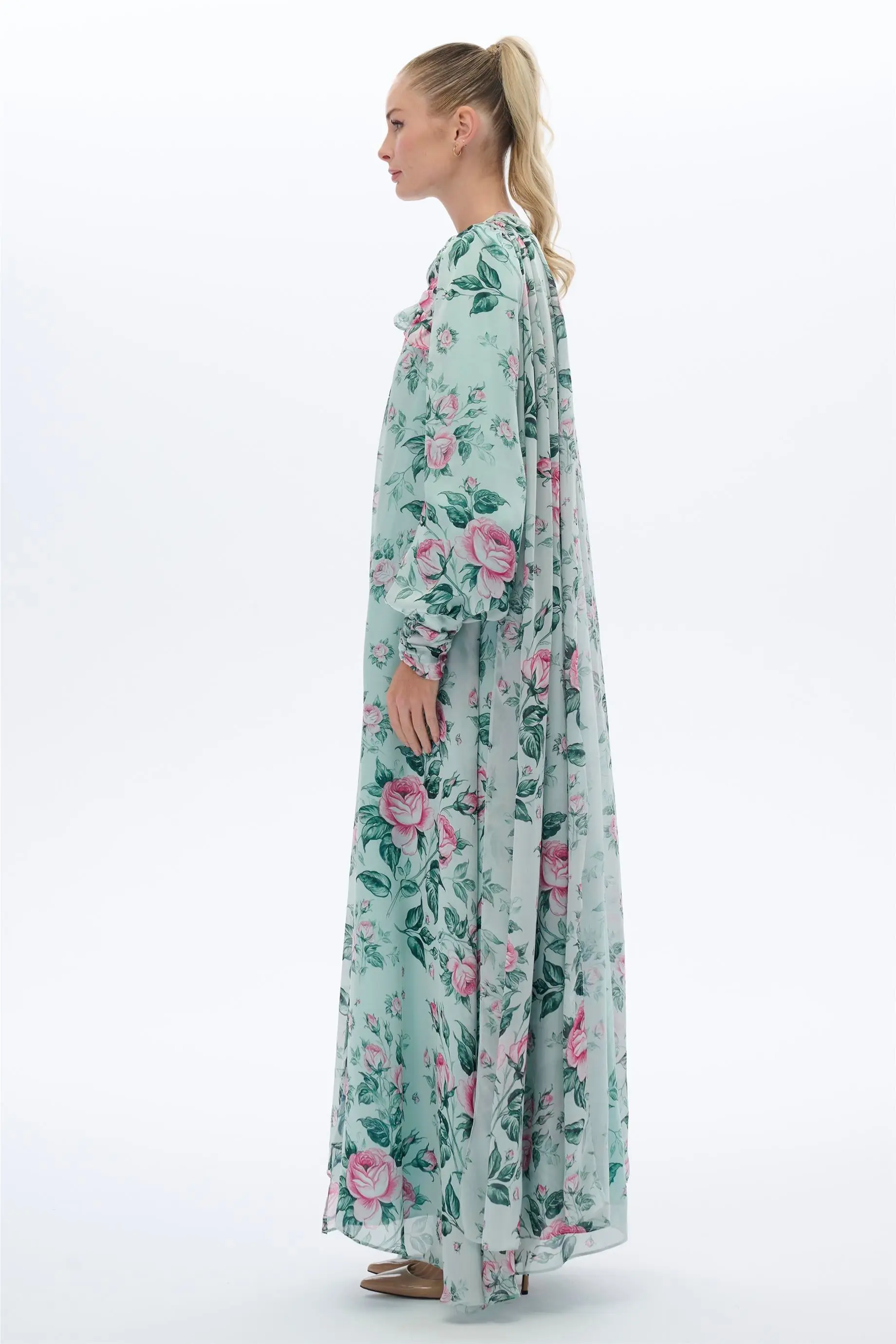 Cape Shoulder Rose Print Dress in Mint, photo 3