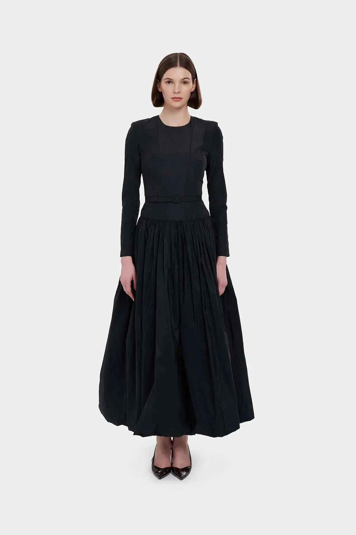 Long-Sleeved Evening Dress with Belt Detail - Black