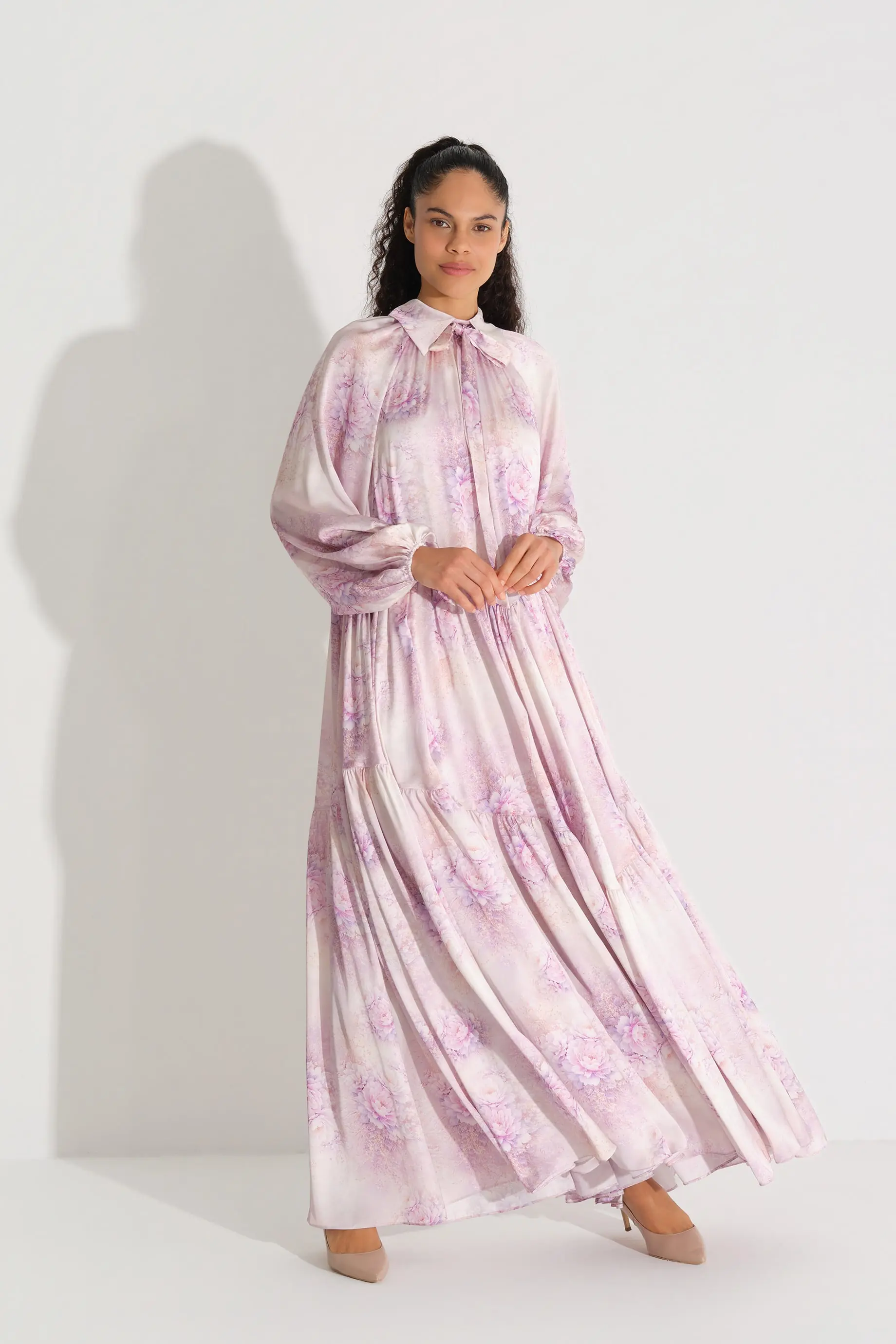 Bow-Neck Floral Satin Chiffon Dress – Lilac, photo 2