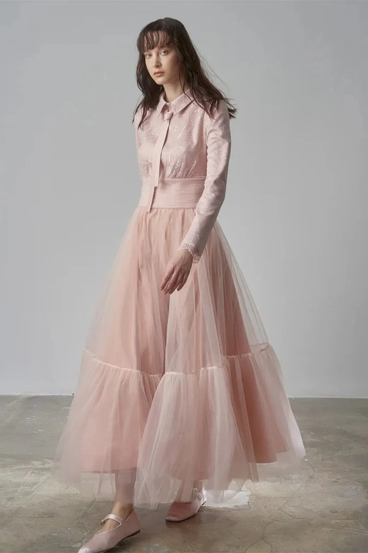 Drape Detailed Tulle Skirt Evening Gown – Powder, photo 3