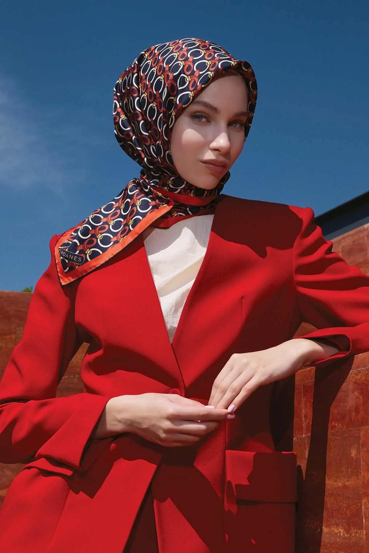 Poanes Rosette Print Twill Silk Scarf - Red, photo 2