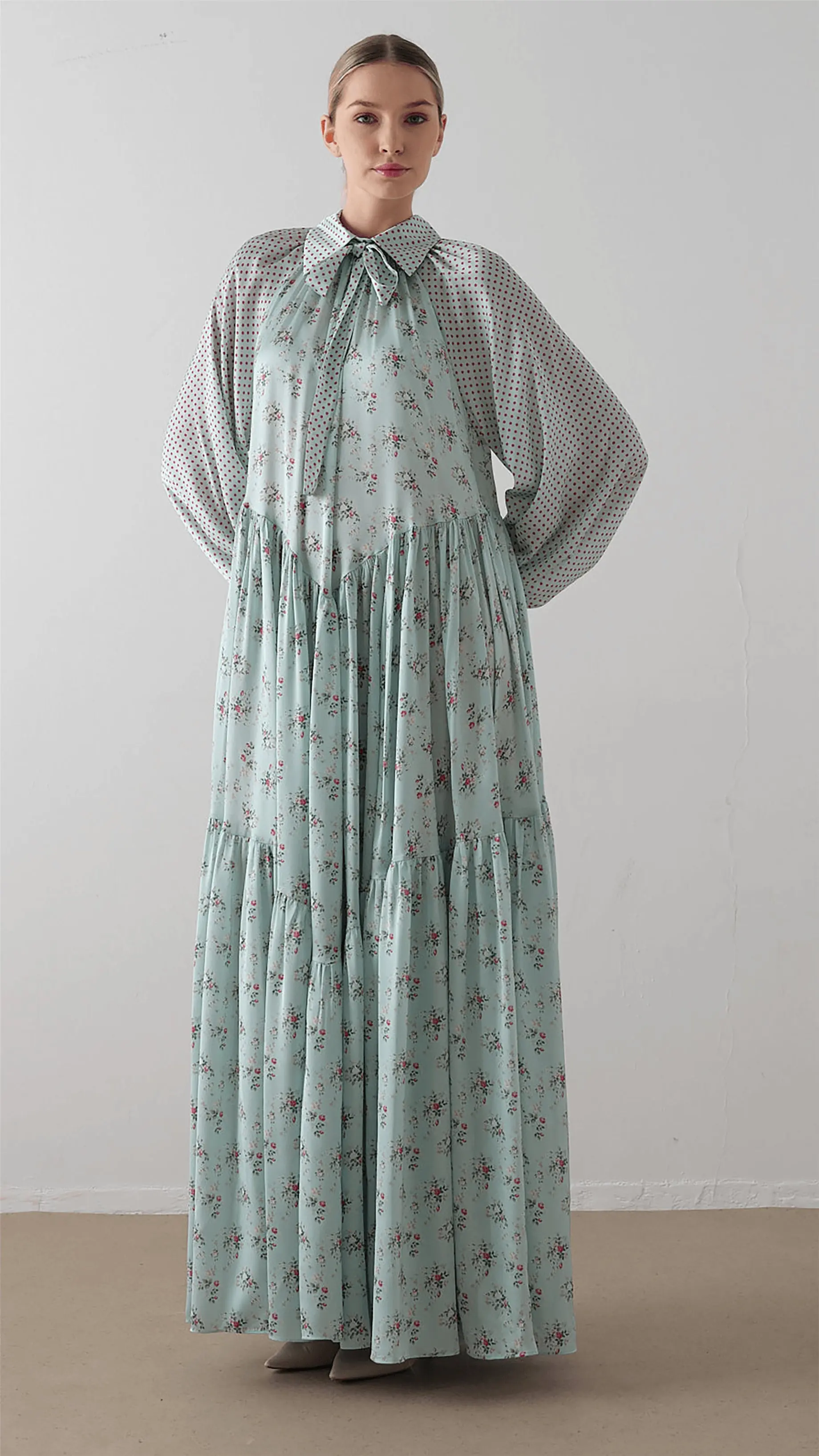 Bow Neck Chiffon Satin Dress – Mint, photo 5