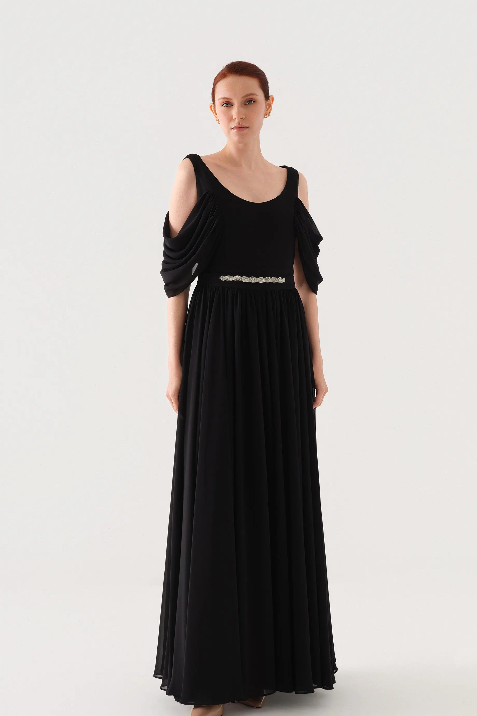 Embellished-Belt Draped Chiffon Maxi Dress – Black
