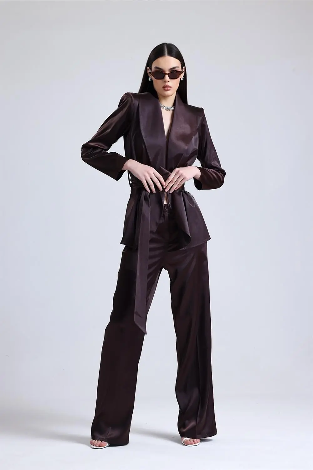 Satin Ember Belted Set – Brown, photo 4